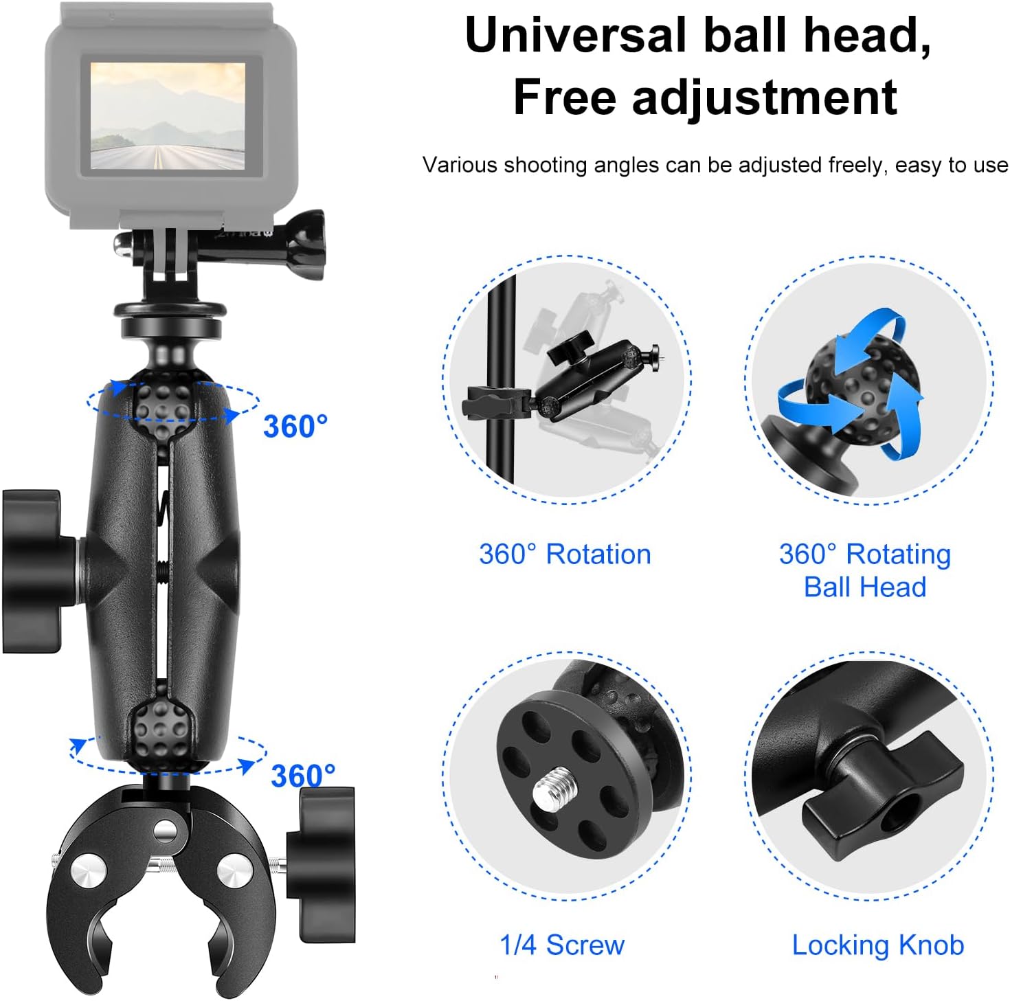 Detalle de PULUZ Super Clamp Crab Action Kamera Halterung für Motorradlenker – 360° Kugelkopf, 1/4" Gewinde