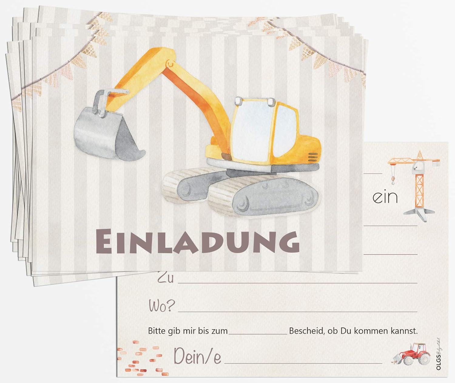 Thumbnail 5 de Aeuln Bagger & Baustellen Kindergeburtstag Einladungskarten-Set (12-teilig) inkl. Briefumschlägen, DIN A6