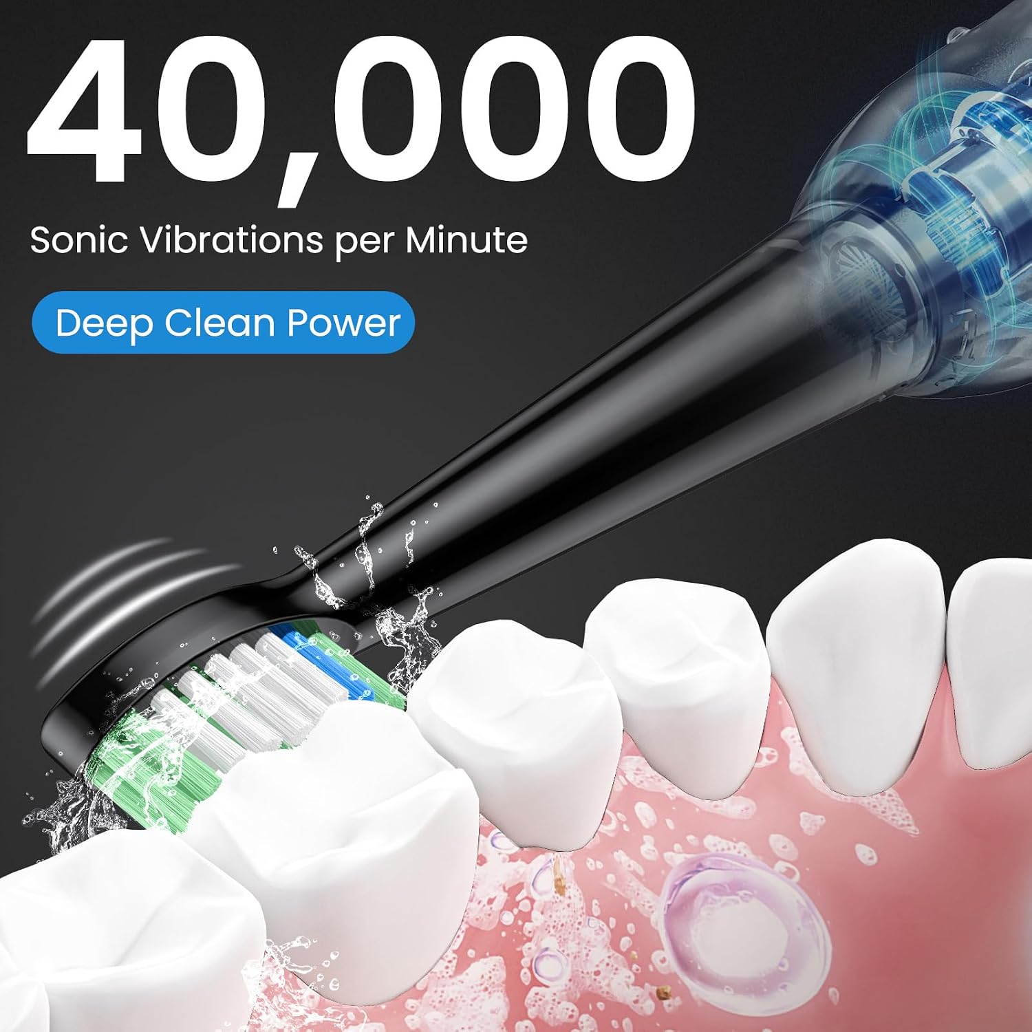Detalle de YUNCHI C2 Electric Toothbrush (USB-C rechargeable) for adults and kids, 5 modes, 2-minute timer, 8 brush heads, travel case