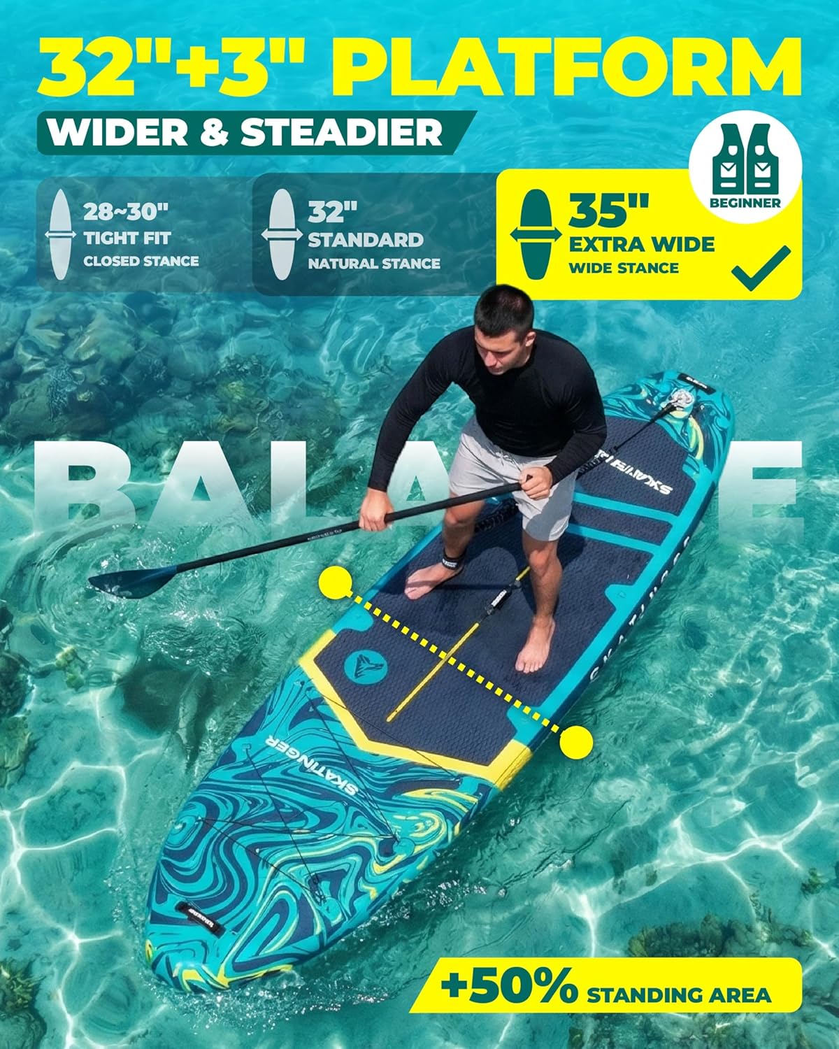 Thumbnail 2 de Skatinger 11'6" x 35" Super Wide Inflatable SUP Board (Up to 450 lb) w/ 100L Backpack, Shoulder Strap & 10" US Fin
