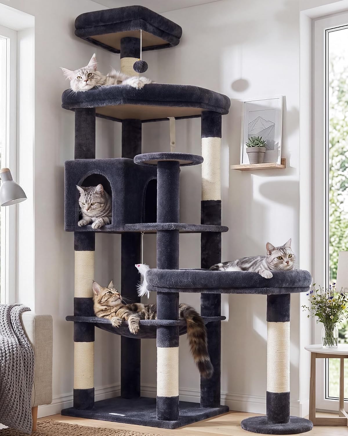 Detalle de Globlazer S65 Cat Tree Tower for Large Indoor Cats, 6 Levels, Sisal Posts
