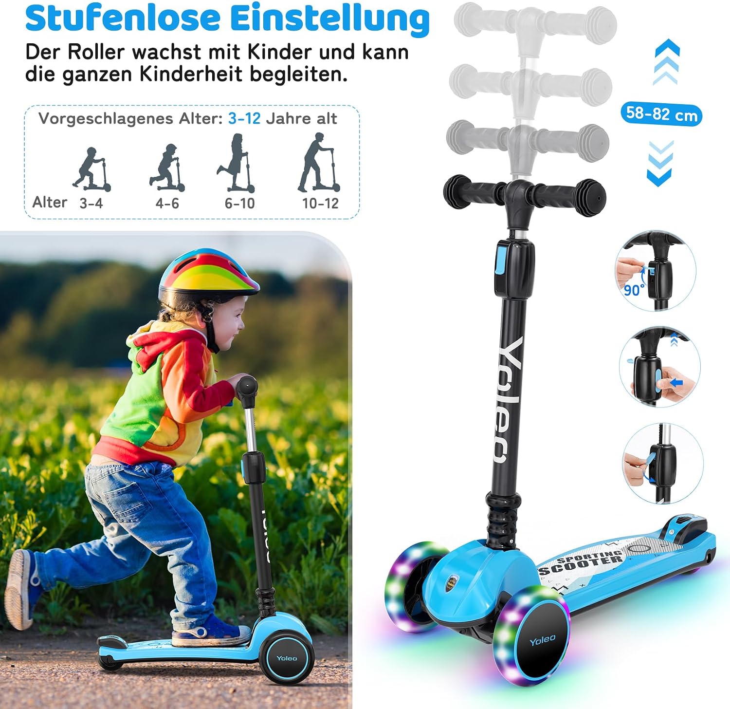 Detalle 2 de YOLEO Kinderoller Dreiradscooter mit leuchtenden PU-Rädern, verstellbarem Lenker und Faltmechanik – ab 3 Jahren