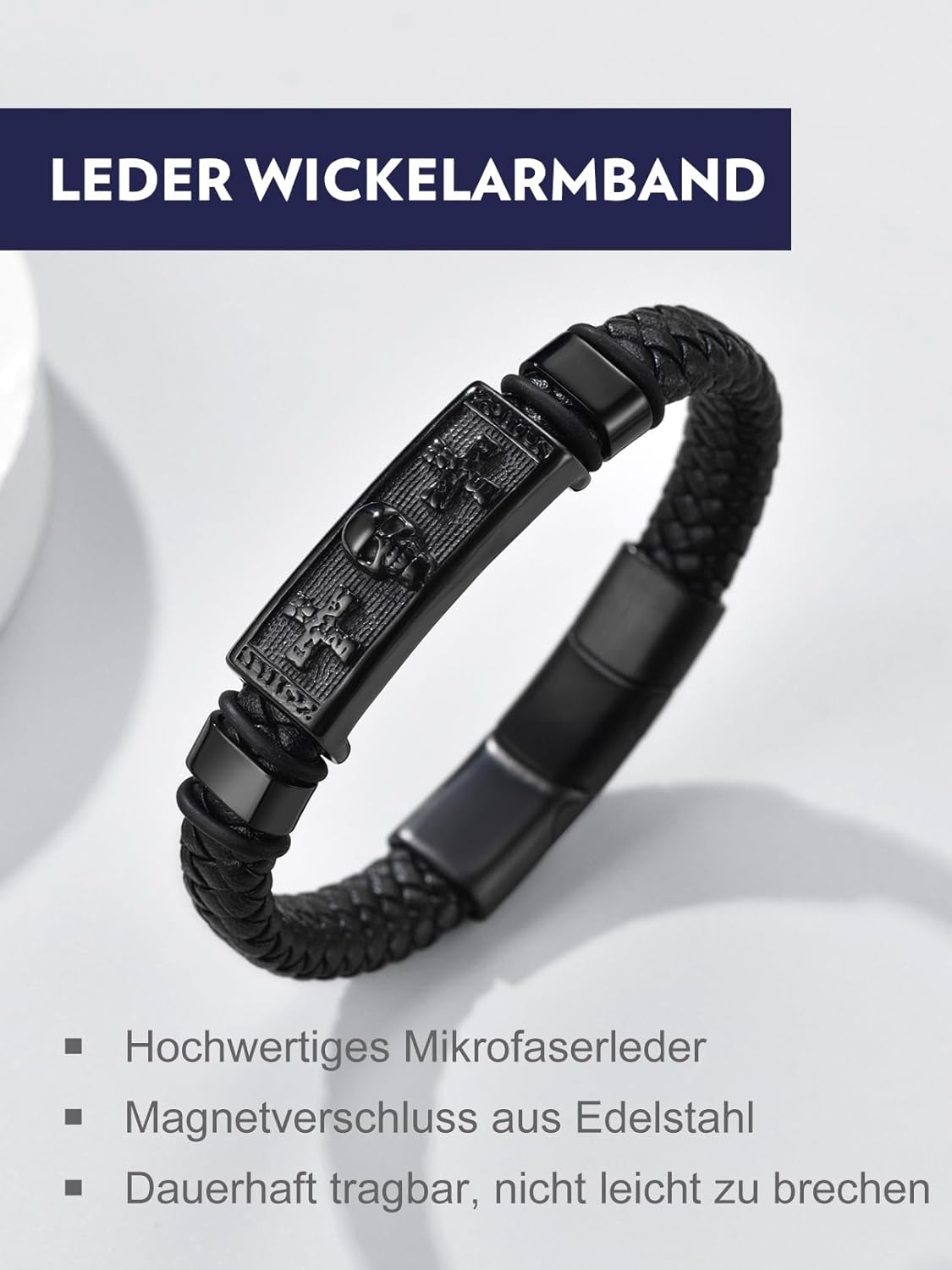 Thumbnail 4 de Bandmax Lederarmband für Herren „Mjölnir/Totenkopf/Freimaurerei“ mit Magnetverschluss