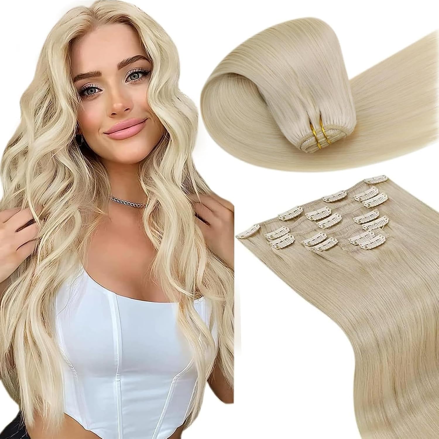 Detalle de LaaVoo Clip-in Echthaar Extensions Blond – 50 cm, 7er Set #613, echtes Haar