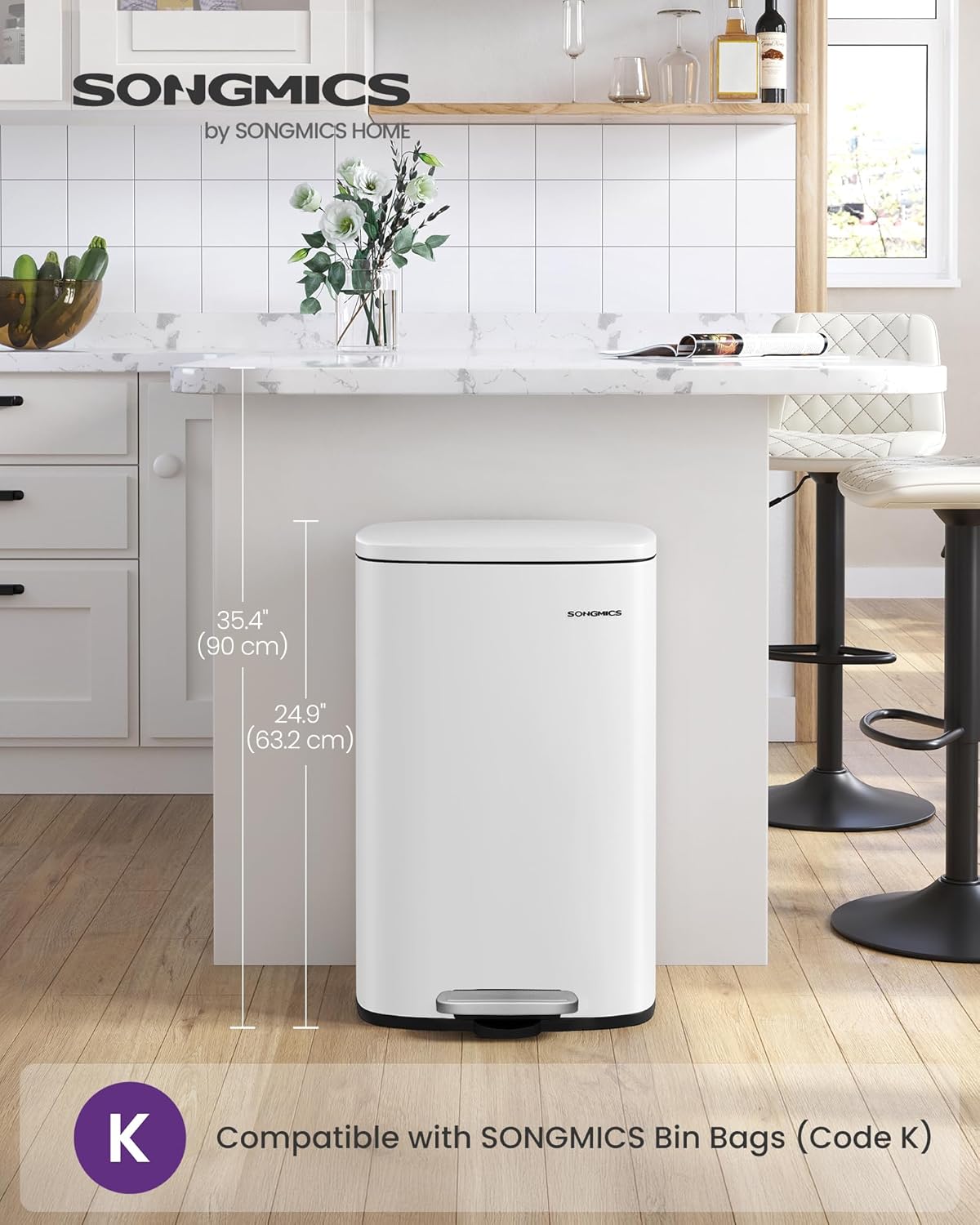 Thumbnail 1 de SONGMICS LTB101W01 Kitchen Bin 13 Gallon (50 L) with Soft-Close Pedal Lid