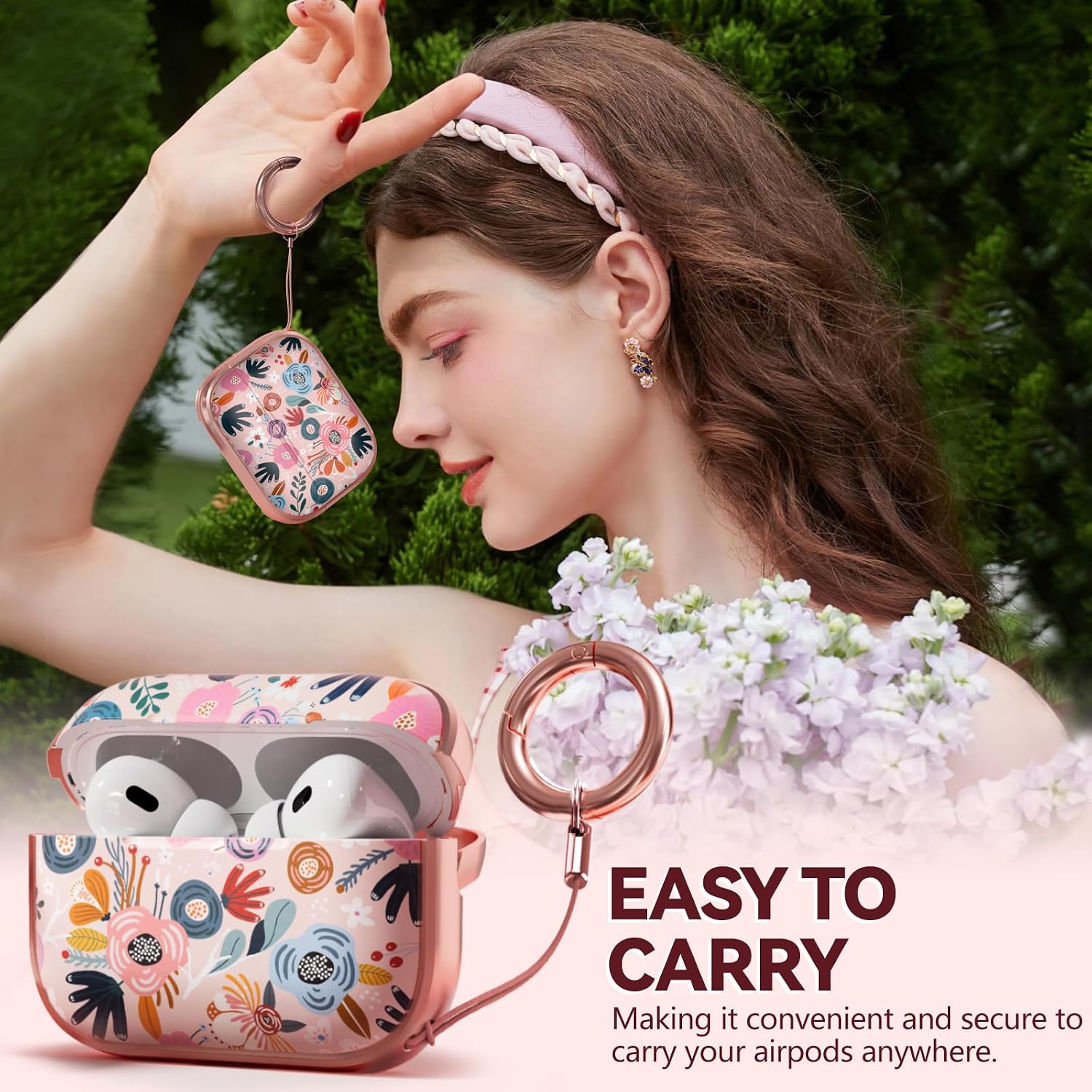 Detalle 2 de Inesore AirPods Pro Case Cover with Lock (Pink Flower) + Cleaning Kit
