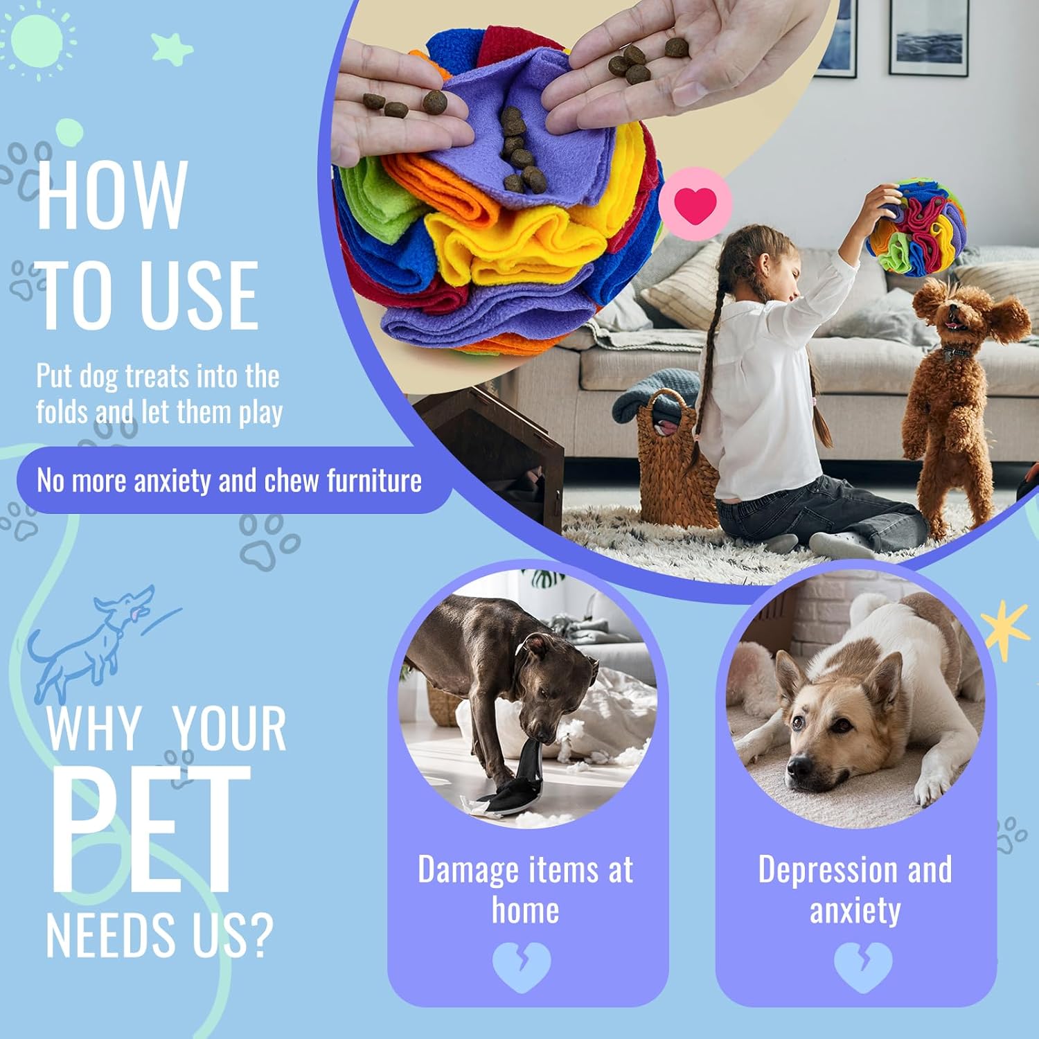 Detalle de Larimuer Pet Snuffle Ball (15cm) – puzzle sniffing dog enrichment toy for treat training