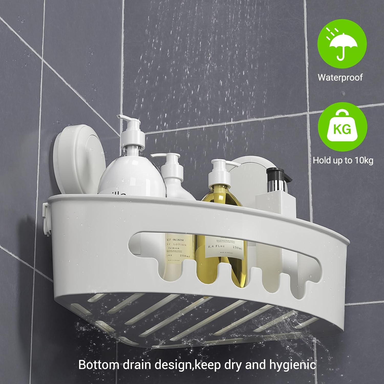 Detalle 2 de ilikable Corner Shower Caddy Vacuum Suction Cup Organizer (Milky White) – No Drilling, Removable Shelf with Hooks