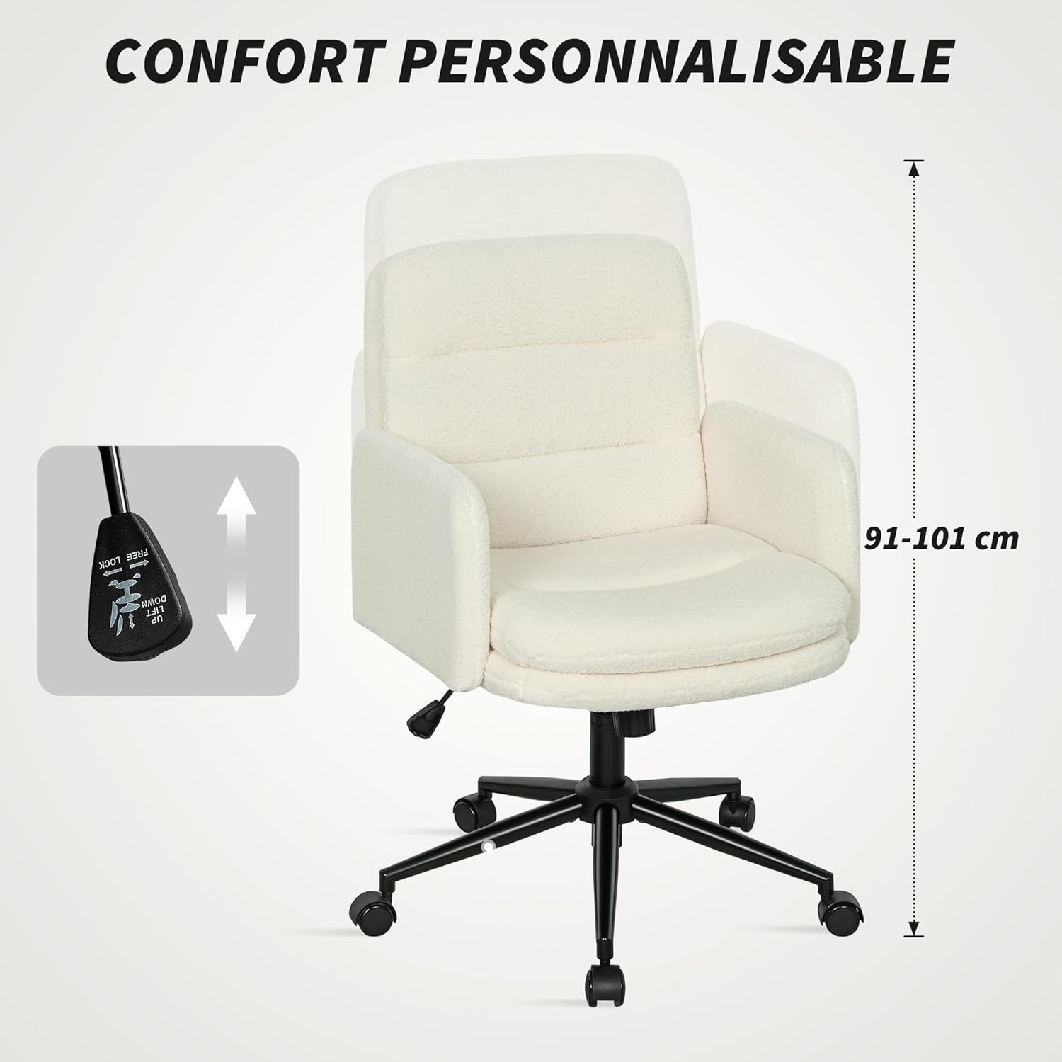 Thumbnail 5 de HOMCOM Chaise de bureau ergonomique en tissu effet laine bouclée, hauteur réglable et pivot 360°