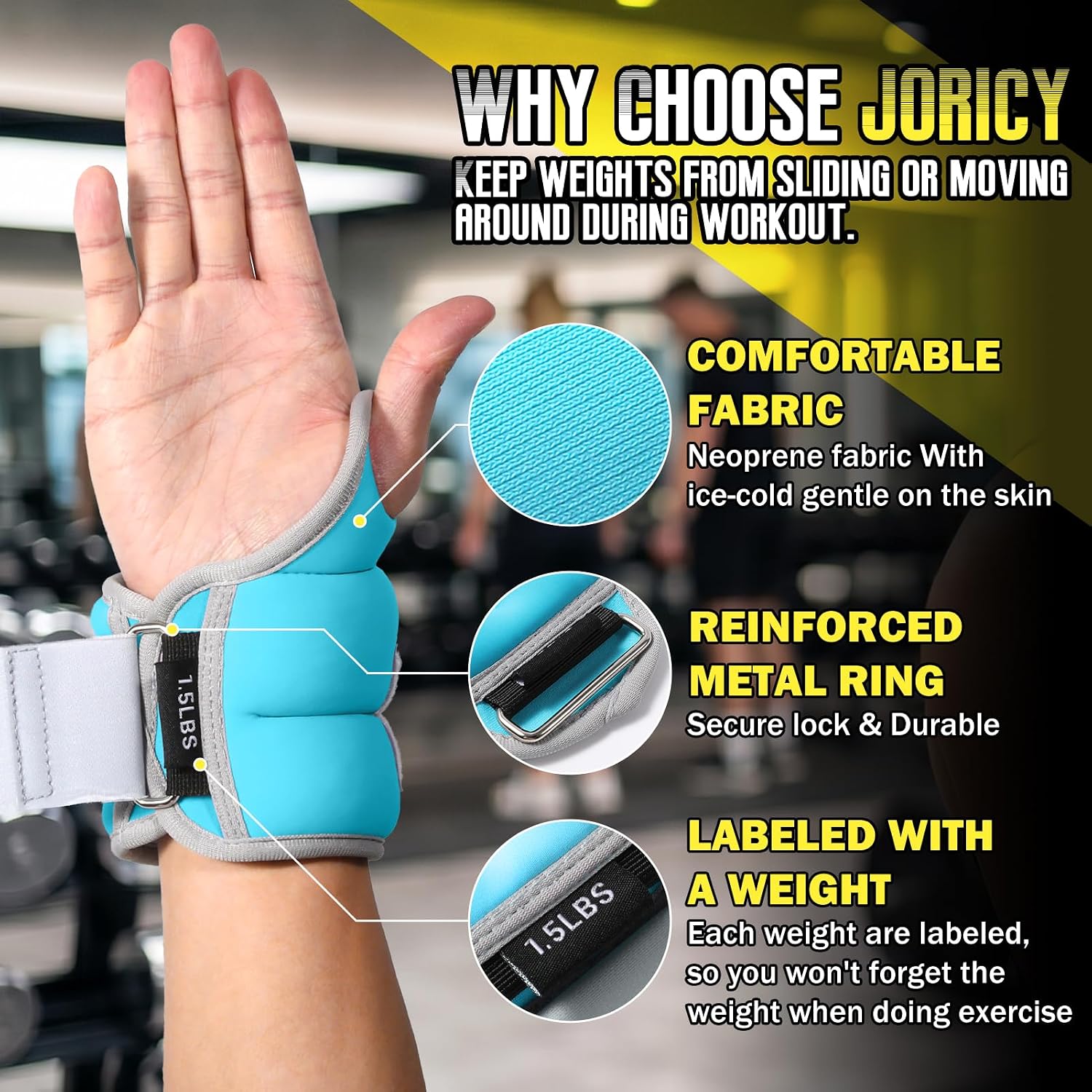 Detalle 2 de JORICY 3 lb Wrist Weights with Thumb Loops, Light Blue Neoprene Pair