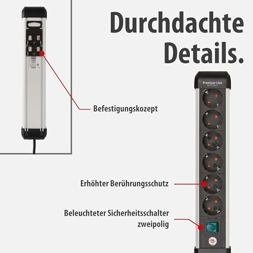 Thumbnail 3 de Brennenstuhl Premium-Alu-Line Steckdosenleiste 6-fach, 3 m – Aluminiumgehäuse, Wand- oder Tischmontage