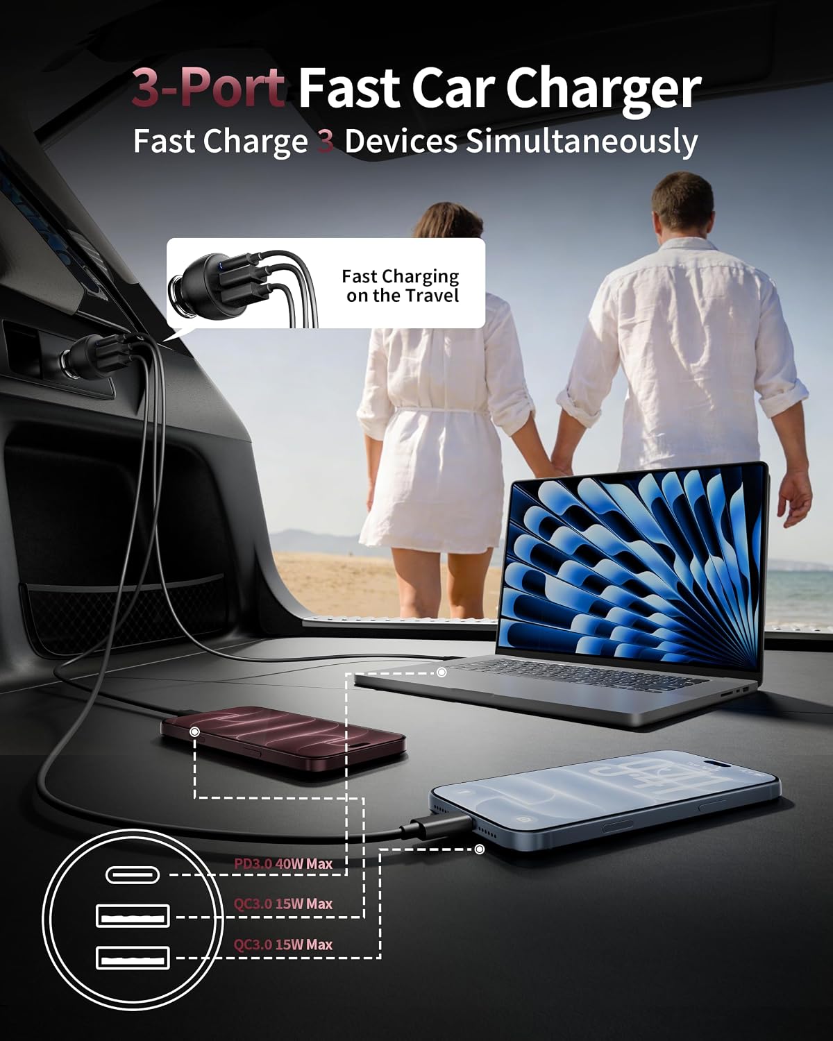 Detalle de USB-C Car Charger 2-Pack (70W, 3-Port) with PD/QC Fast Charging for iPhone, iPad, Galaxy, Pixel & Android