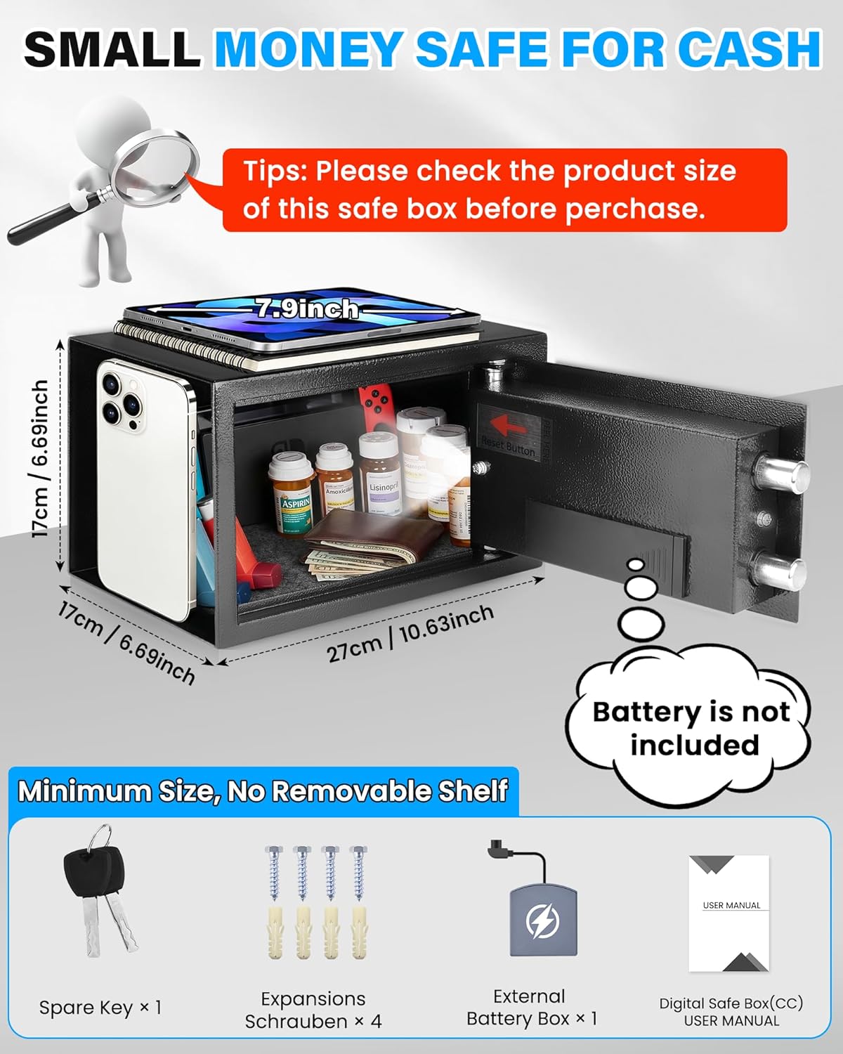 Thumbnail 2 de [UPGRADED] Small Safe Box for Home: 0.30 Cuft Mini Safe with Fireproof Bag and Programmable Keypad