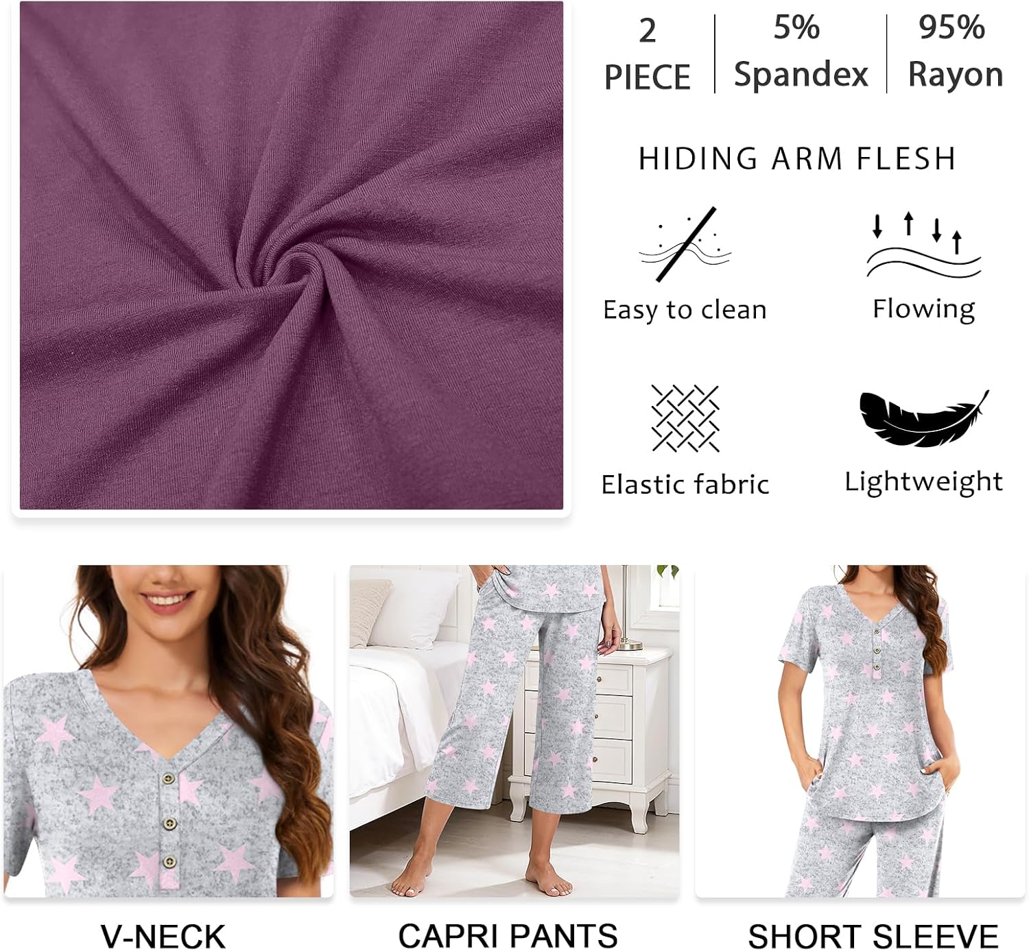 Detalle de Anyally Women's Pajama Set: Summer 2-Piece Short Sleeve Top + Capri Pants with Pockets