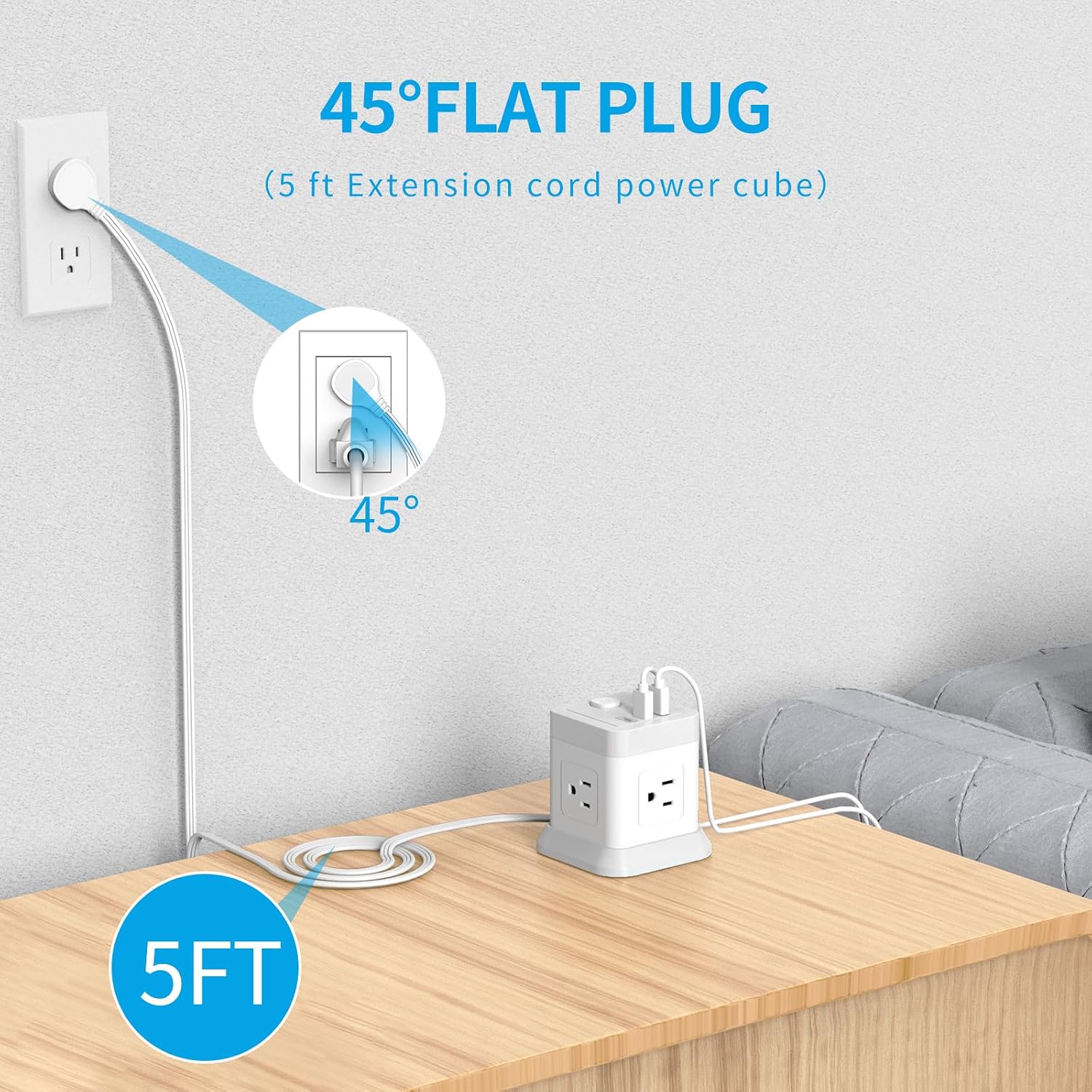 Detalle de FDTEK Flat Plug Power Strip with USB (4 AC Outlets, 3 USB including USB-C) and Overload Protection, 5 ft