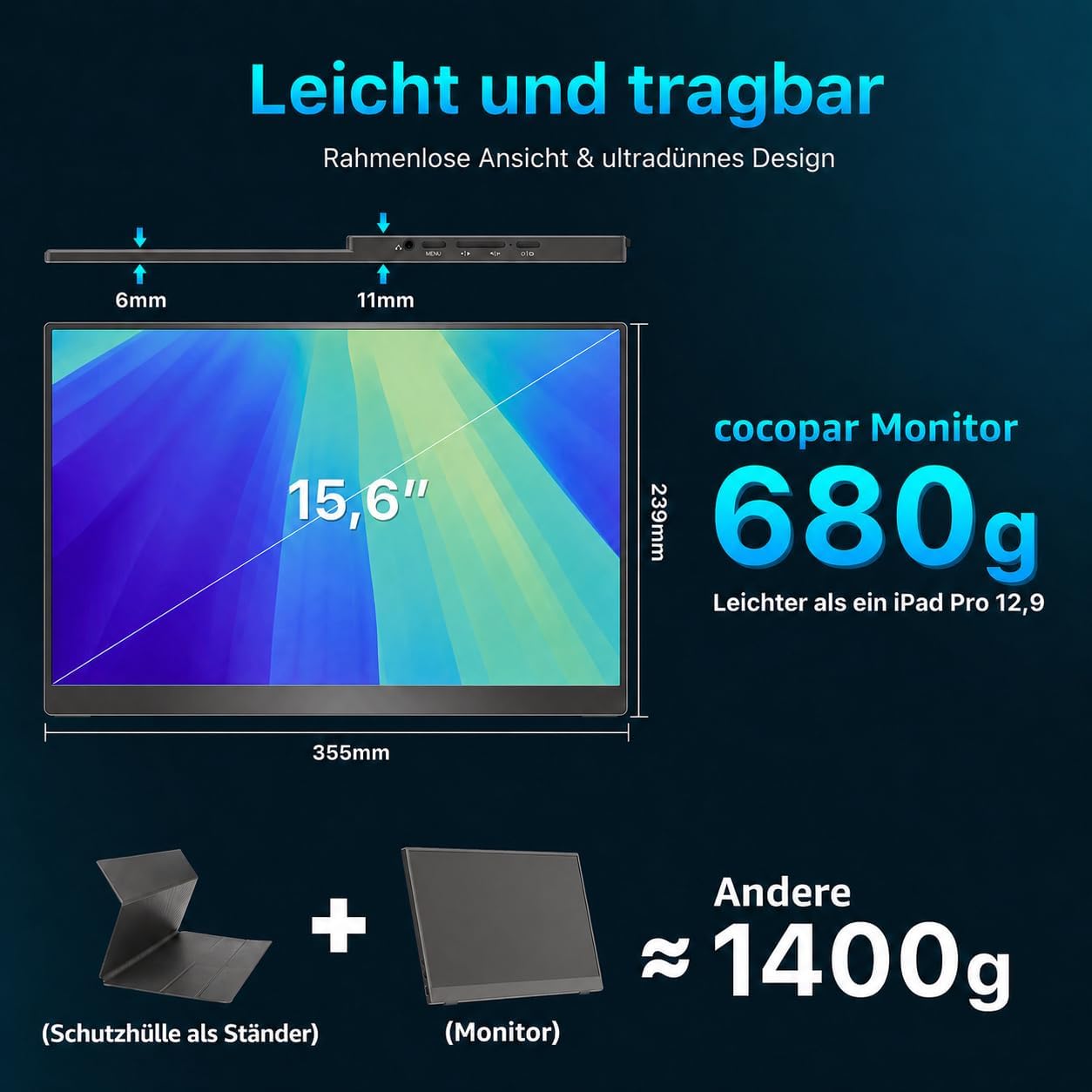 Detalle 2 de Cocopar Portable Monitor 16 Zoll 2.5K QHD – flexibler externer Bildschirm mit VESA, USB-C & Lautsprechern
