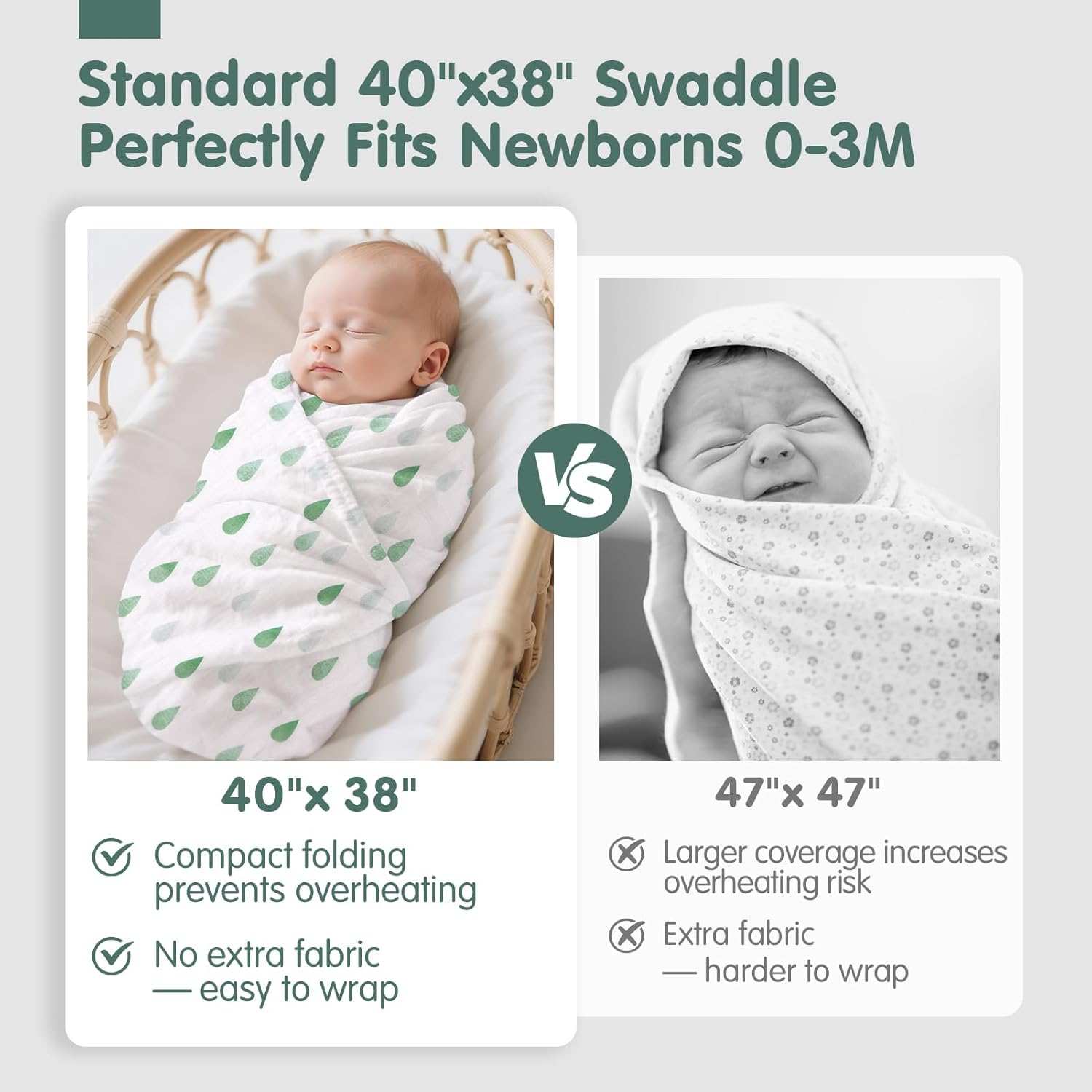 Detalle de hahaland 100% Bamboo Muslin Swaddle Blankets 3 Pack (1 Large 120x120cm + 2 Standard 100x100cm) in Green