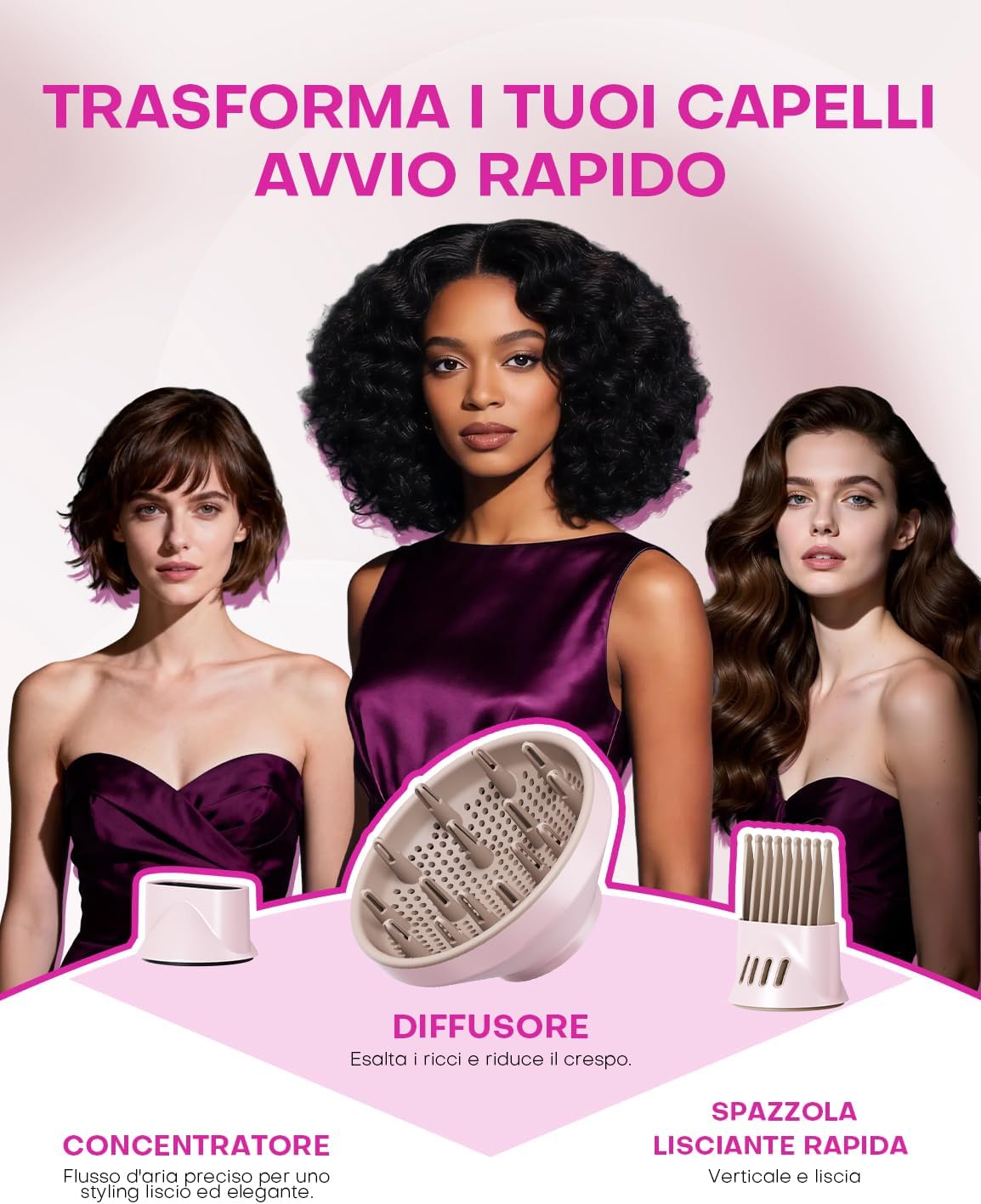 Thumbnail 3 de AROEVE Phon Capelli con Diffusore, ionico 1600W rosa da viaggio (110.000 giri/min)