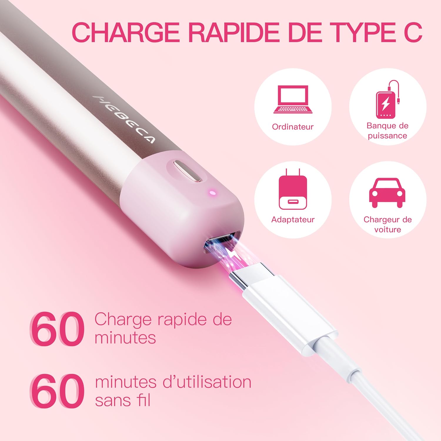 Thumbnail 5 de HEBECA Tondeuse nez & oreilles femme 2 en 1 rechargeable étanche (Rose)