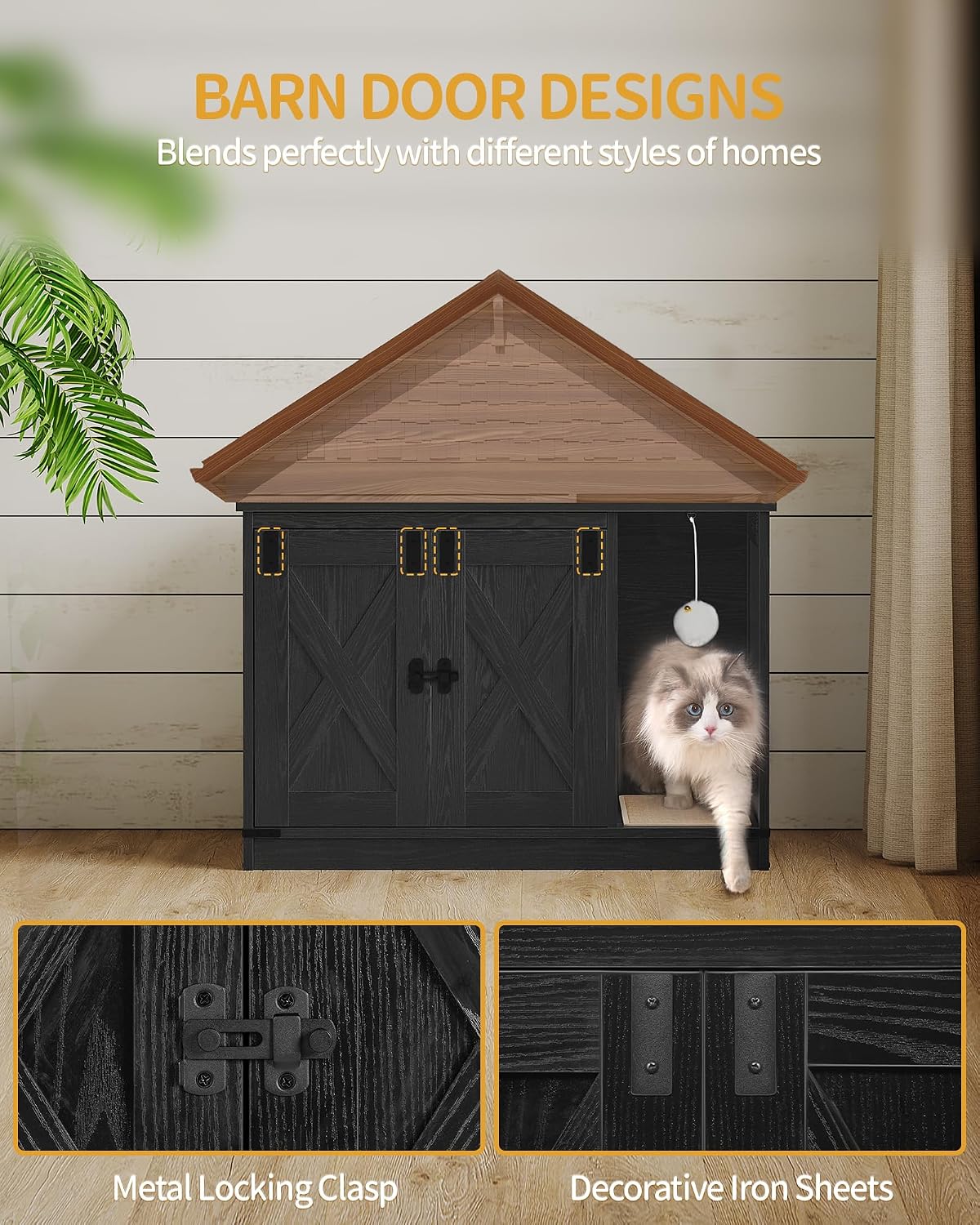 Detalle 2 de Hzuaneri CB82404X Cat Litter Box Enclosure, Black Farmhouse Cabinet with Curved Entry