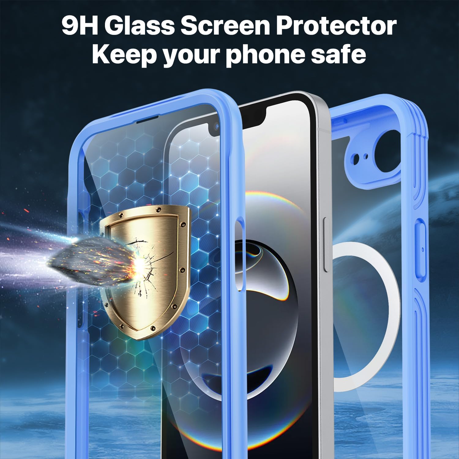 Detalle de CENHUFO Compatible iPhone 16e Case with Built-in 9H Glass Screen Protector and MagSafe Ring (Blue)