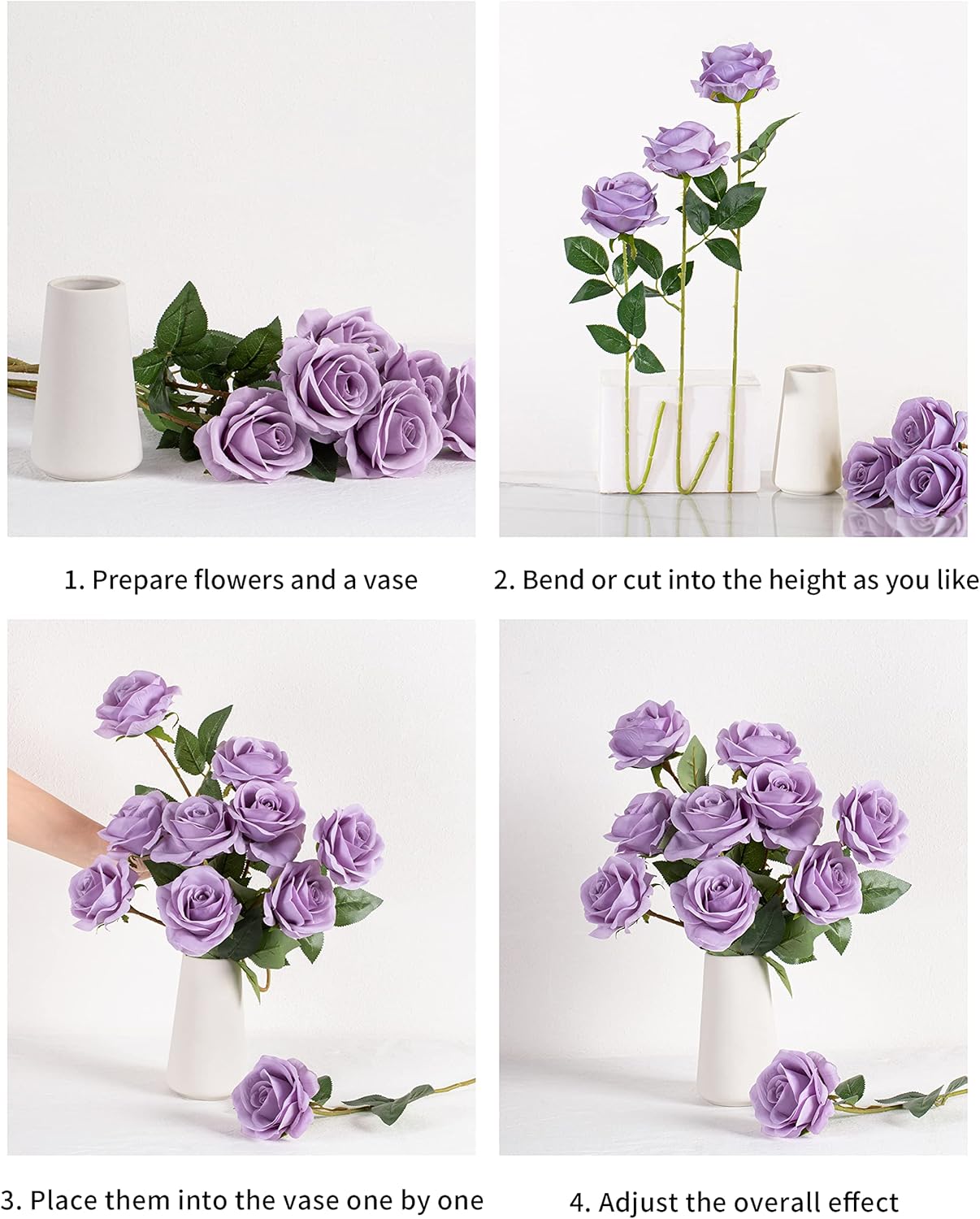 Thumbnail 4 de DuHouse 10x Artificial Lilac Roses (Fake Silk Flowers) with Long Plastic Stems for Wedding & Table Decor