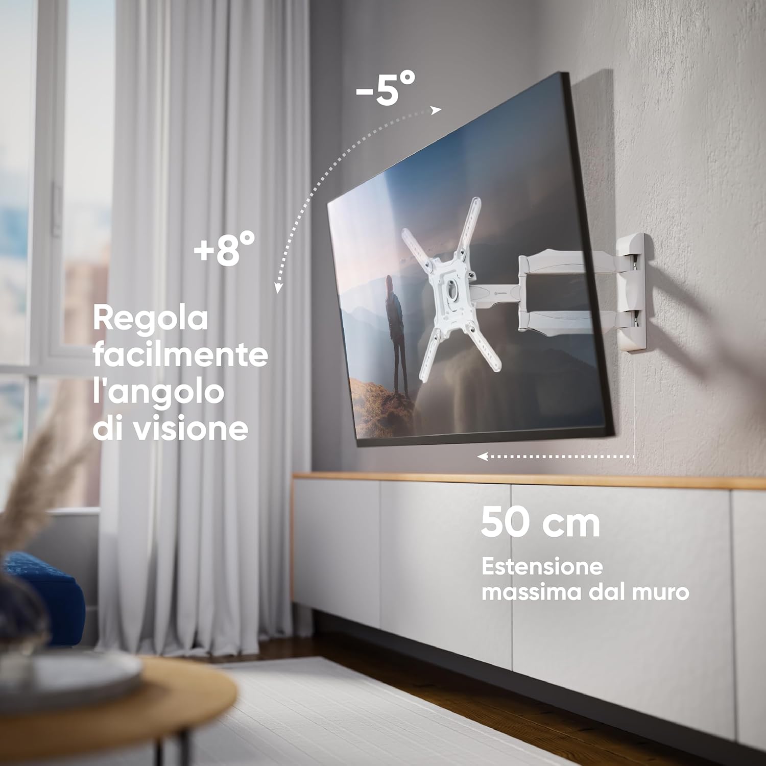 Detalle de ONKRON Supporto TV parete M4-W 32–65 pollici, inclinabile e girevole fino a 35 kg, VESA 100x100–400x400, bianco