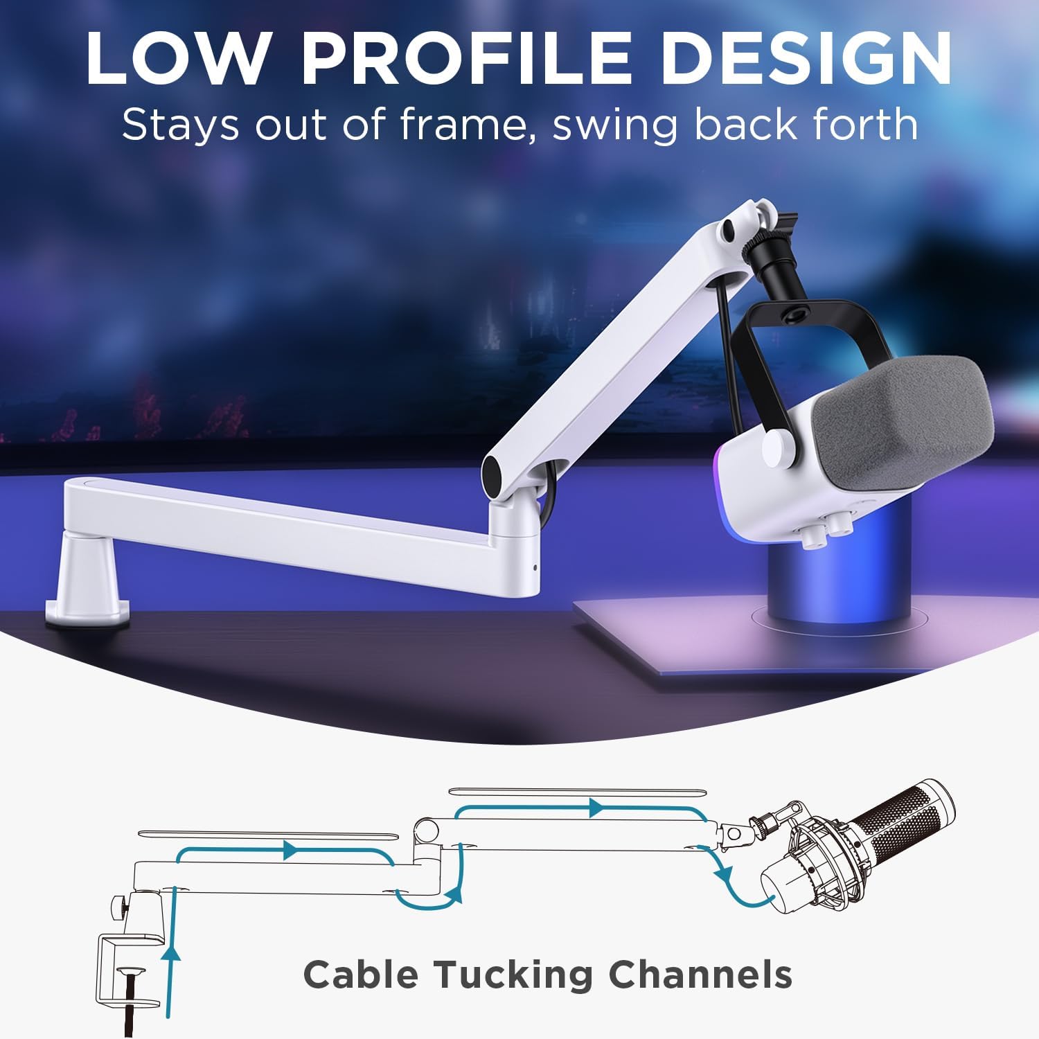 Thumbnail 2 de InnoGear LP98W Low-Profile Microphone Boom Arm, White, Magnetic Cable Channel