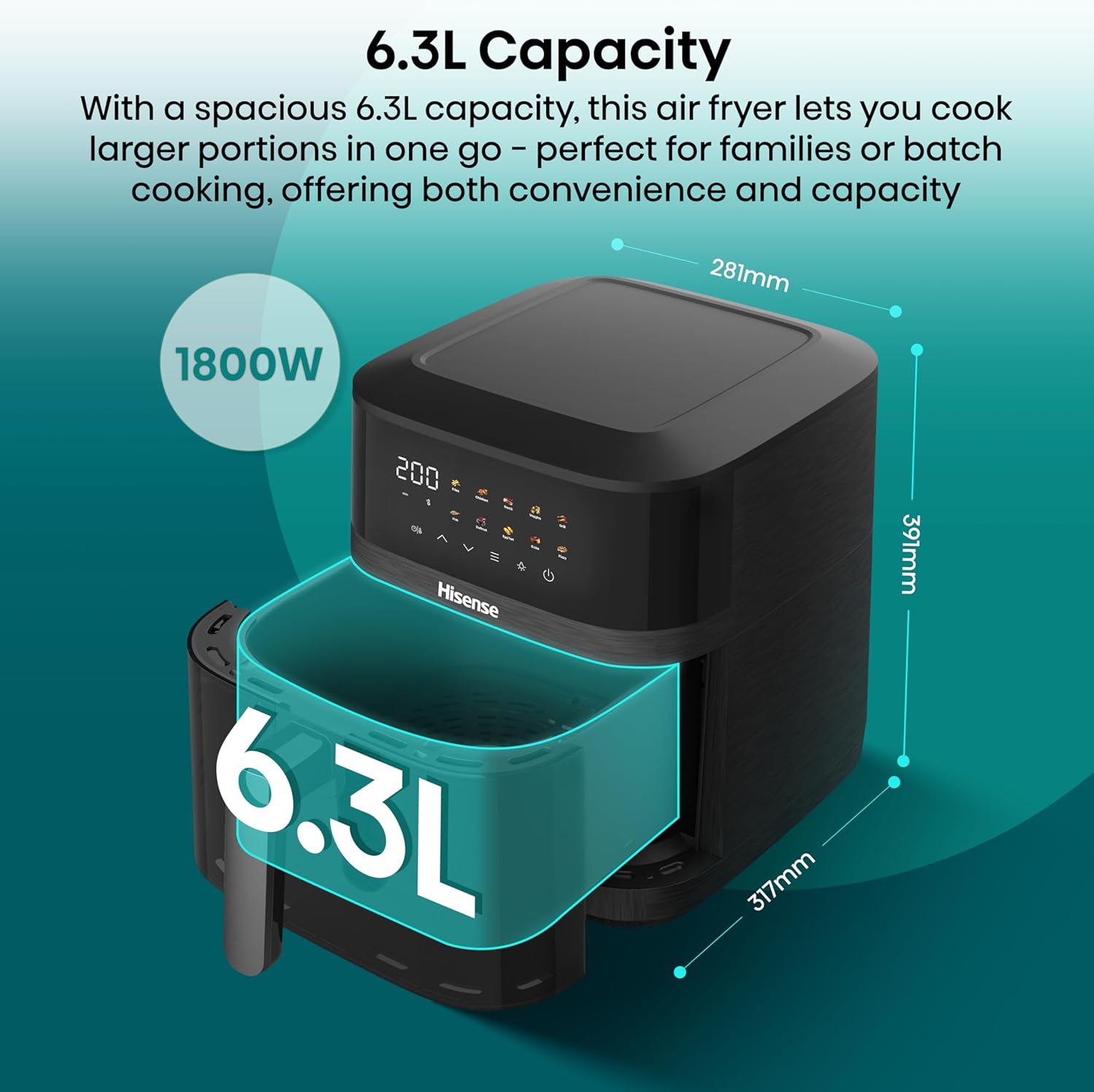 Thumbnail 5 de Hisense 6.3L Air Fryer (1800W) with Colour Touch Display and 10 Cooking Functions