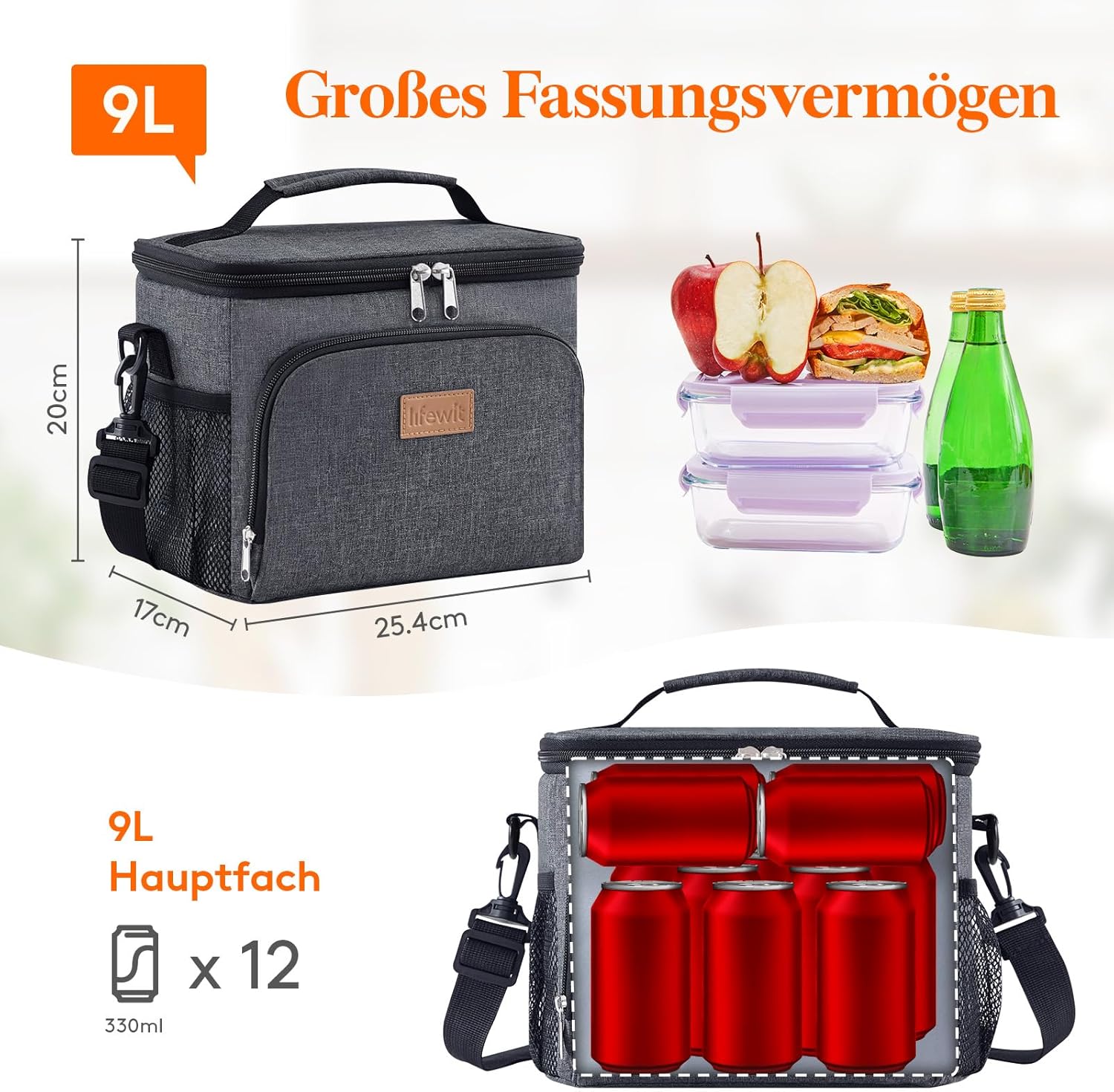 Detalle de Lifewit isolierte Kühltasche 9L – Wiederverwendbar, auslaufsicher, dunkelgrau