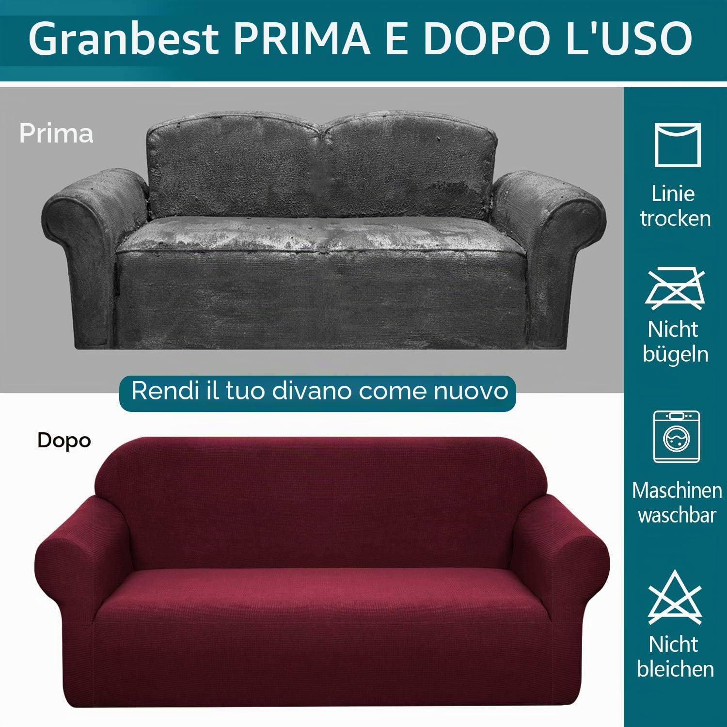 Detalle de Granbest Copridivano Impermeabile Monopezzo Alto Elasticizzato per 3 Posti – Tessuto Jaquard Spandex, Antigraffio e Antiscivolo, Colore Vino