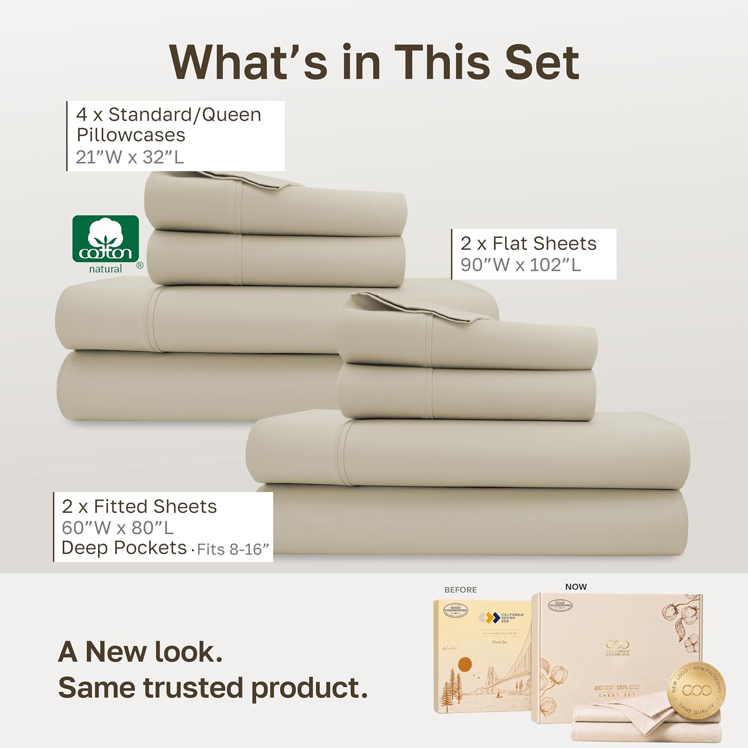 Detalle de California Design Den 840307197467 Queen Sheet Set, 2-Pack Cotton Sateen, 400 Thread Count