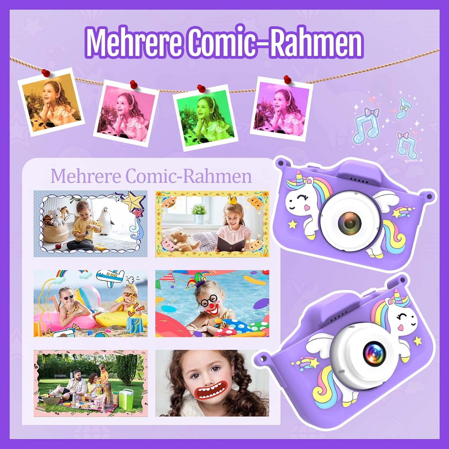 Detalle de Kinderkamera mit 32-GB-Speicherkarte, 1080P HD und Einhorn-Silikonhülle – Selfie-Kamera für Mädchen & Jungen ab 3 Jahren
