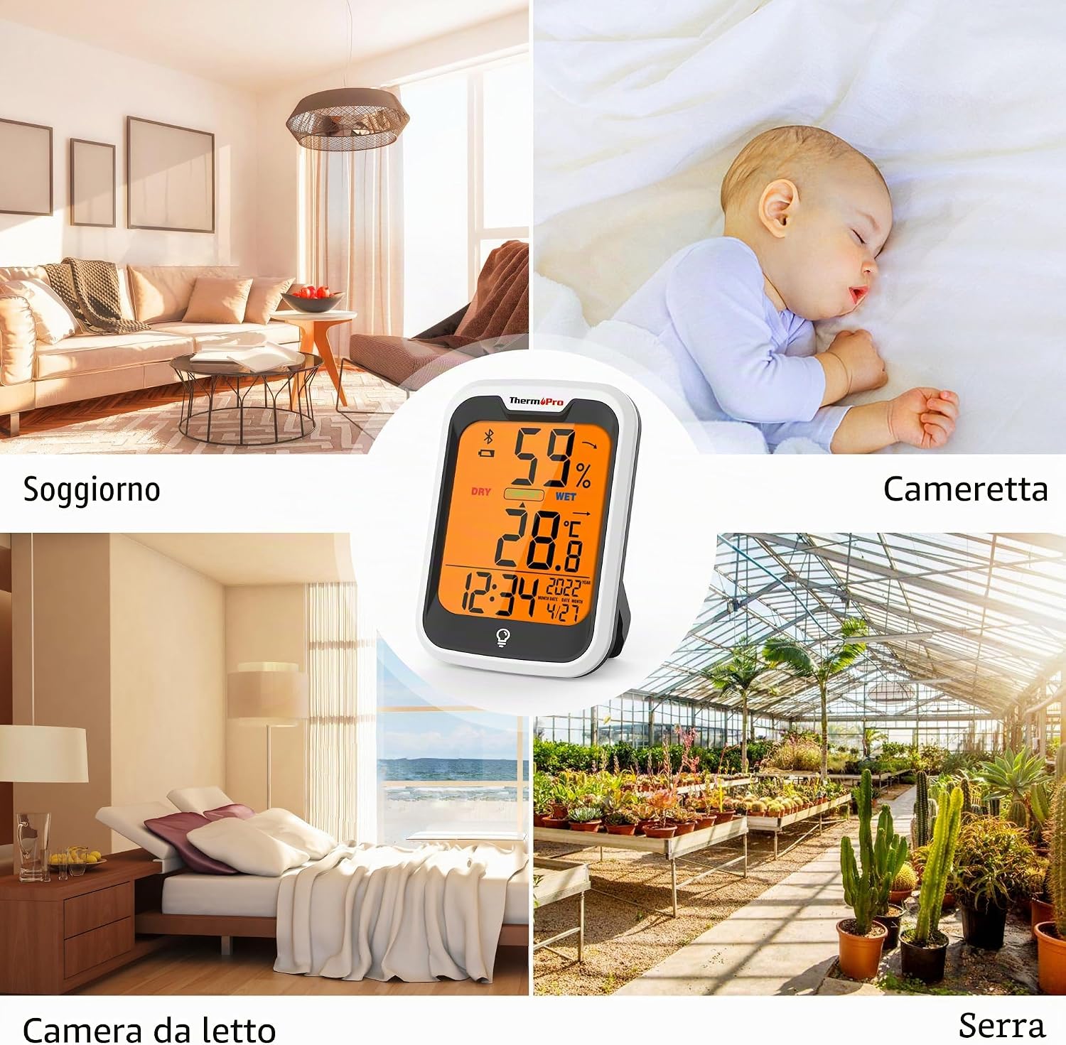 Detalle 2 de ThermoPro TP358 termometro igrometro Bluetooth interno con orologio e retroilluminato, controllo via app