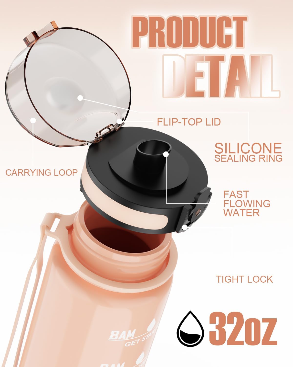 Thumbnail 3 de QIVORO 1-Litre Water Bottle (Pink) – BPA-free Tritan with Time Markers