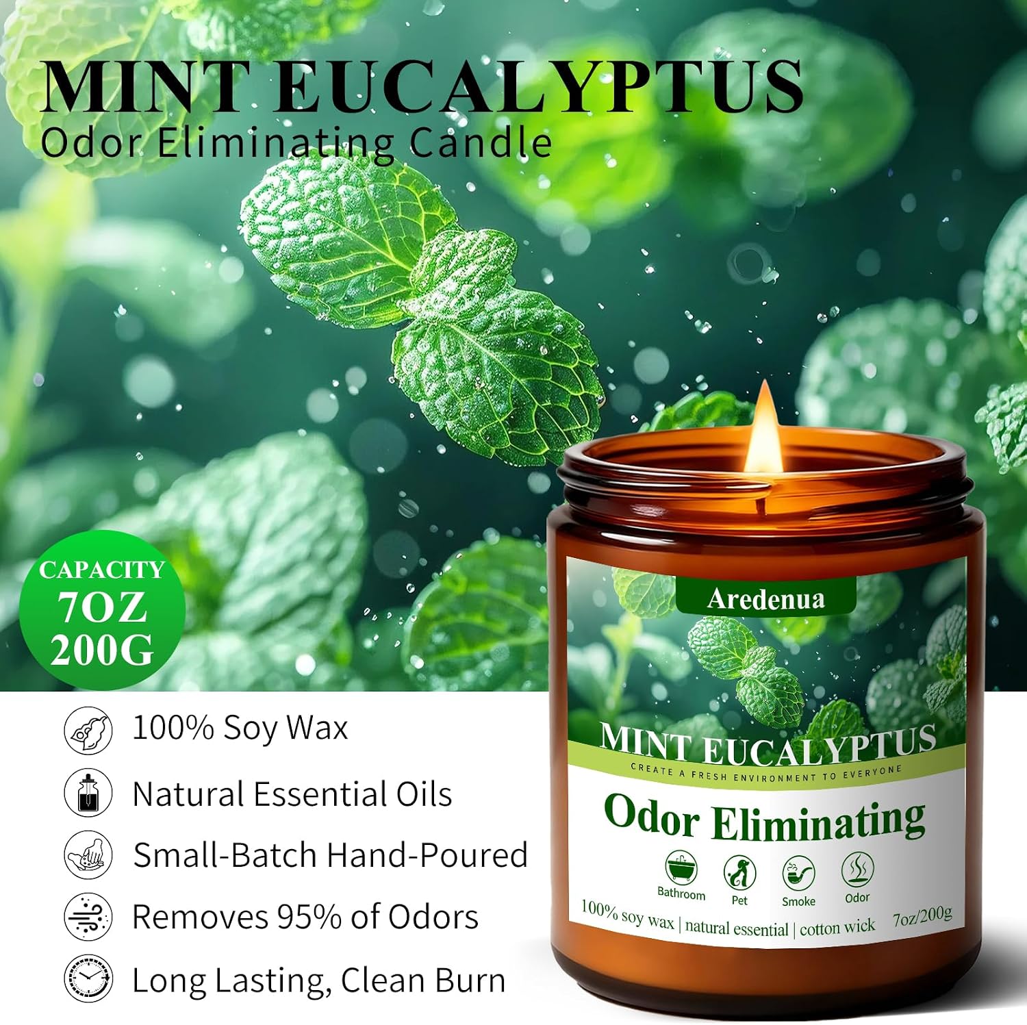 Detalle de Aredenua Odor-03 Mint Eucalyptus Scented Soy Candle, 7 oz