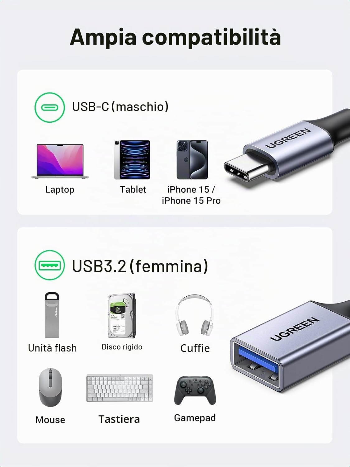 Detalle de UGREEN Cavo OTG Type-C maschio a USB 3.0 femmina 5 Gbps in nylon intrecciato (compatibile con iPhone, iPad, MacBook e Galaxy)