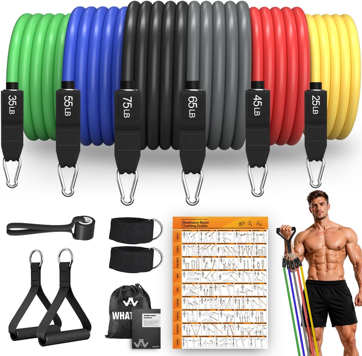 Thumbnail 6 de WHATAFIT Resistance Bands with Handles — 100 lb Full-Body Home Gym Set