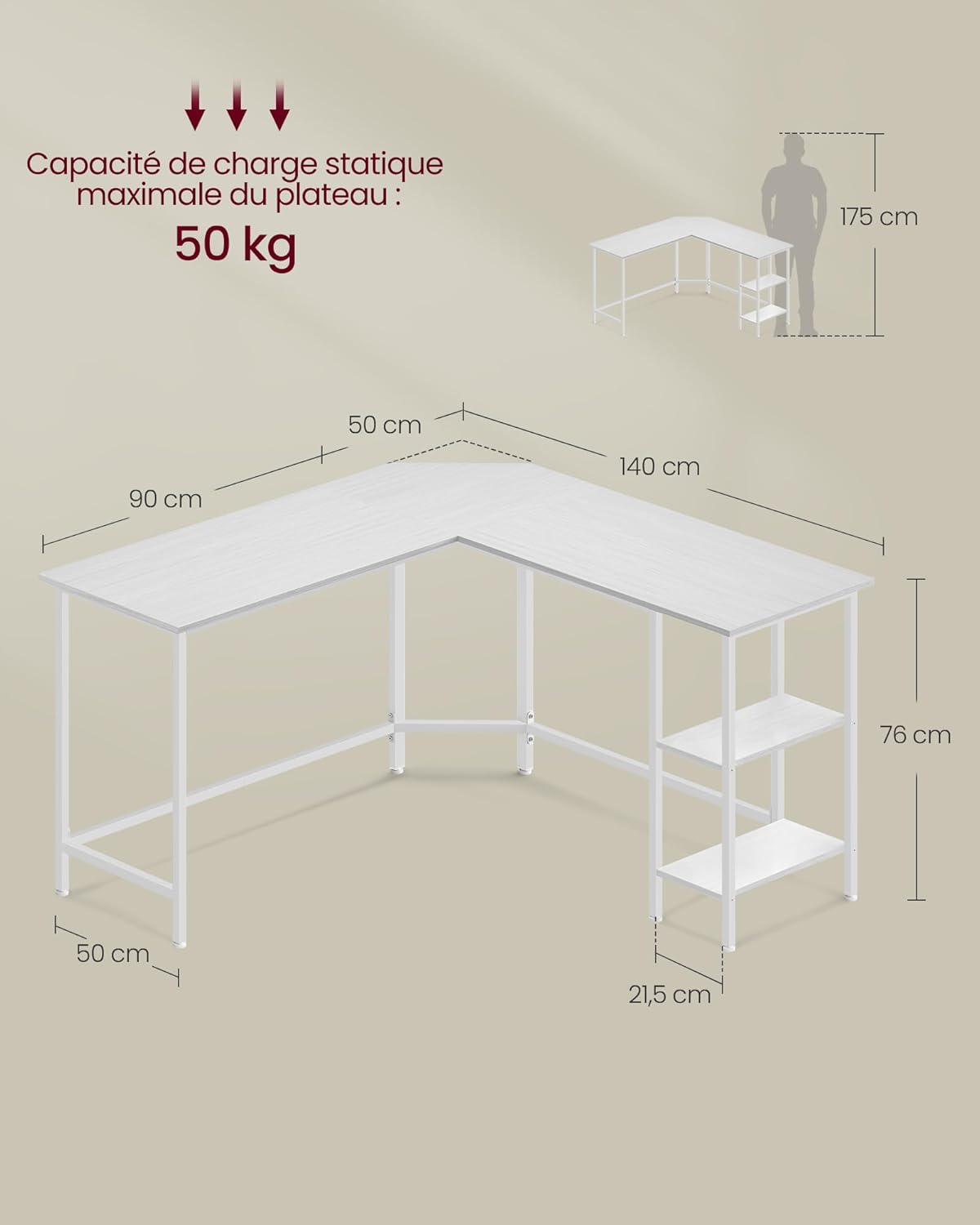 Thumbnail 2 de Bureau d’ordinateur en forme de L VASAGLE LWD072W44V2, 140 x 140 x 76 cm avec 2 étagères et gain de place