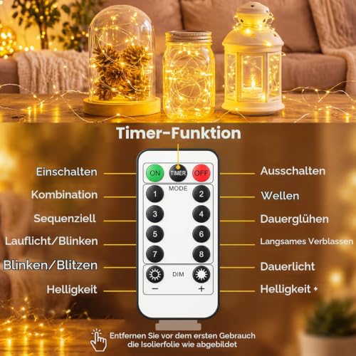 Detalle de btfarm 4 Stück 10 m LED-Lichterkette Batterie mit Fernbedienung und Timer