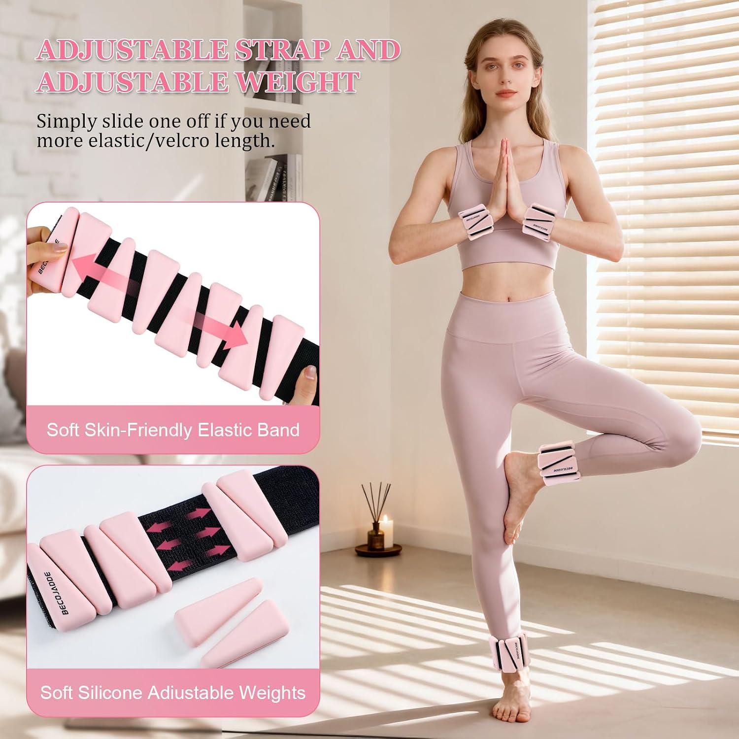 Detalle de BECOJADDE 4 lb Ankle and Wrist Weights, Adjustable, Cloud Pink