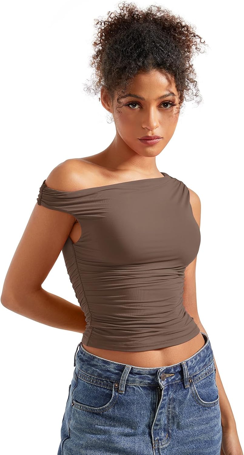 Detalle de SUUKSESS Women's Off-Shoulder Crop Top, Double-Lined 4-Way Stretch
