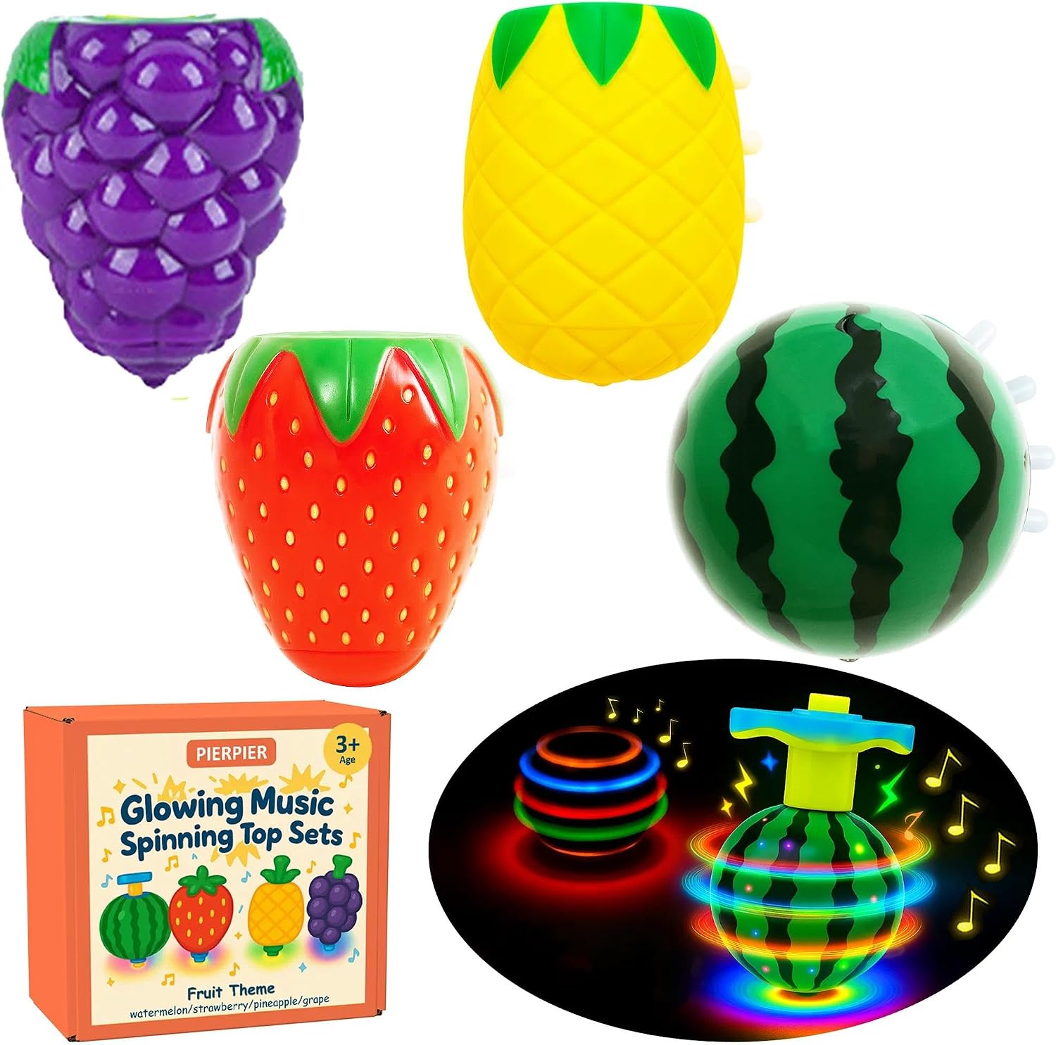 Detalle de PIERPIER Fruit Light-Up Musical Spinning Tops, 4-Pack for Kids