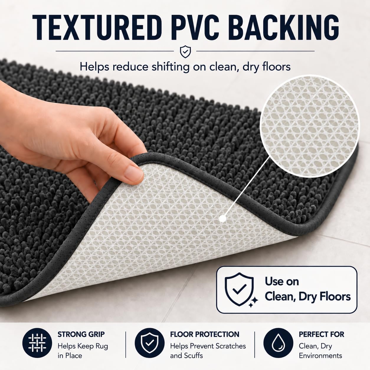 Detalle de 3-Piece Chenille Bathroom Rug Set with Non-Slip PVC Backing (Small U-Shape + Large Mats)