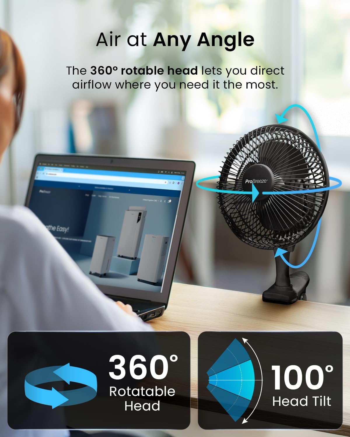 Detalle de Pro Breeze 6 Inch Clip on Fan with 2 Speeds (Mains Powered) – Quiet, 360° Rotation & Adjustable Head