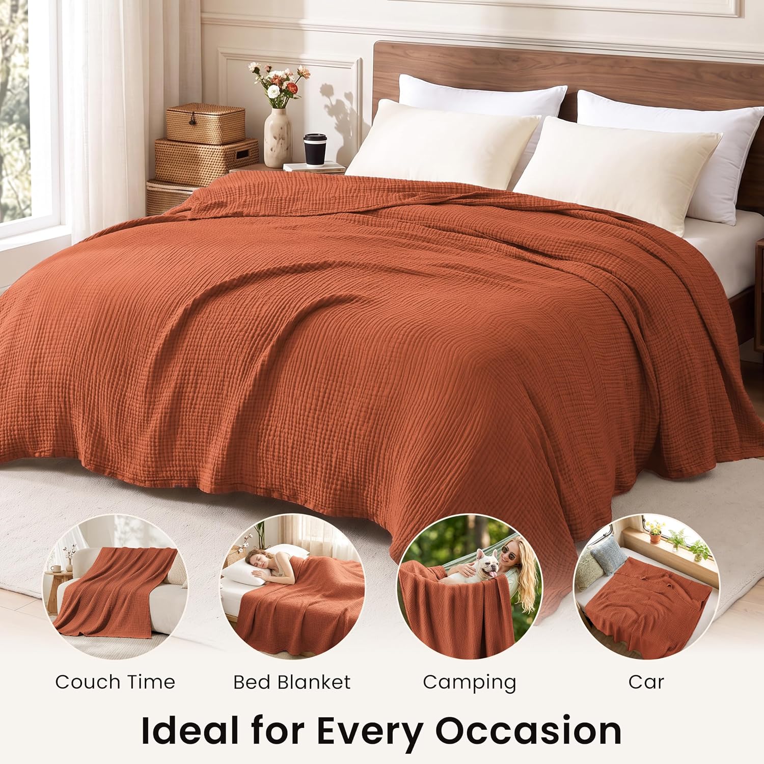 Thumbnail 5 de Love’s Cabin 100% Cotton Muslin Blanket (6-Layer Gauze), King Size 108 x 90 Inches, Orange