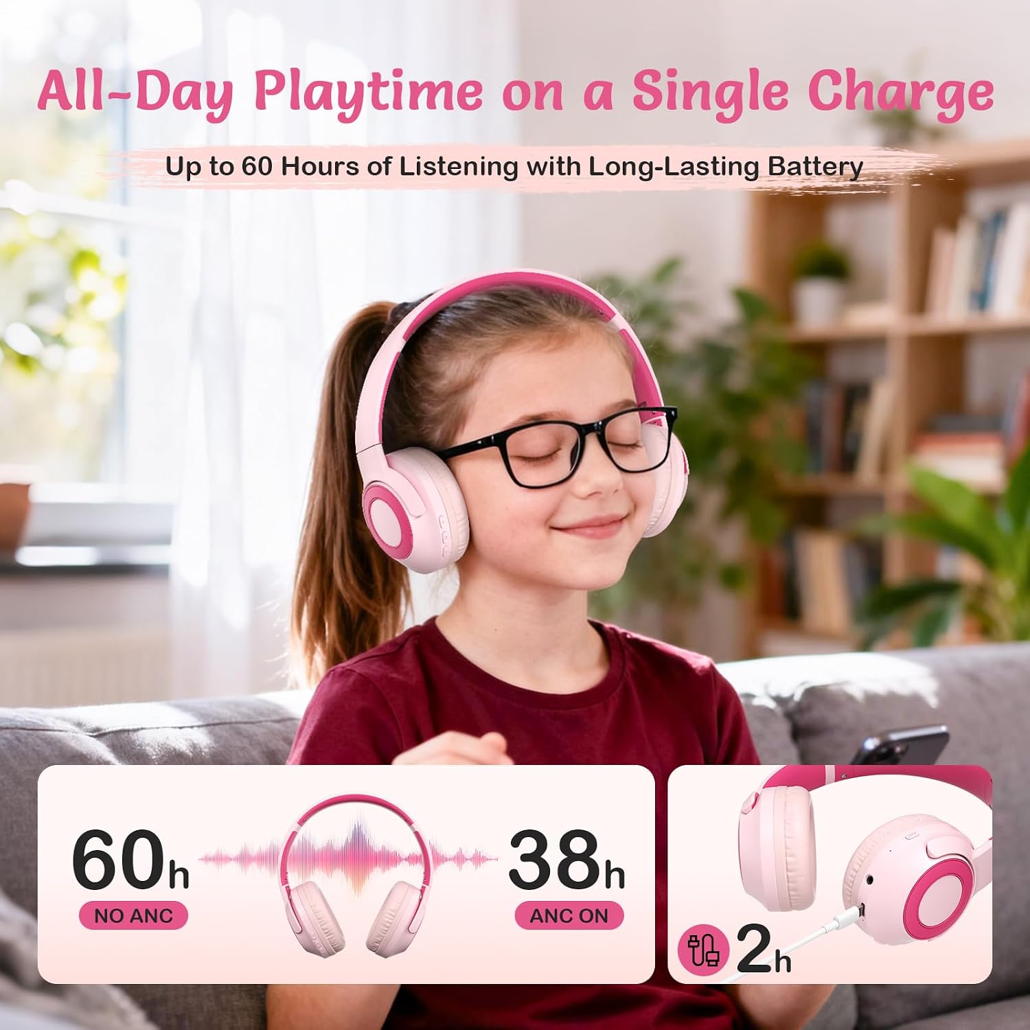 Thumbnail 5 de TONOSHARK Kids Wireless Headphones with ANC – Lightweight, Foldable & Long-Lasting (Pink)