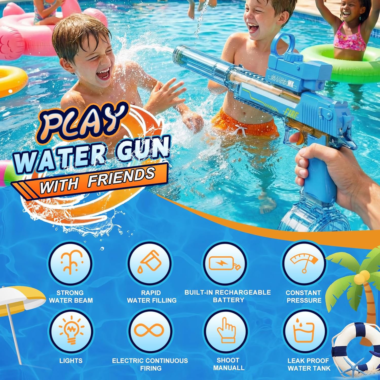 Thumbnail 5 de UROINT Pistola Ad Acqua Elettrica Per Bambini – Desert Eagle Blu, gittata fino a 10 m, LED