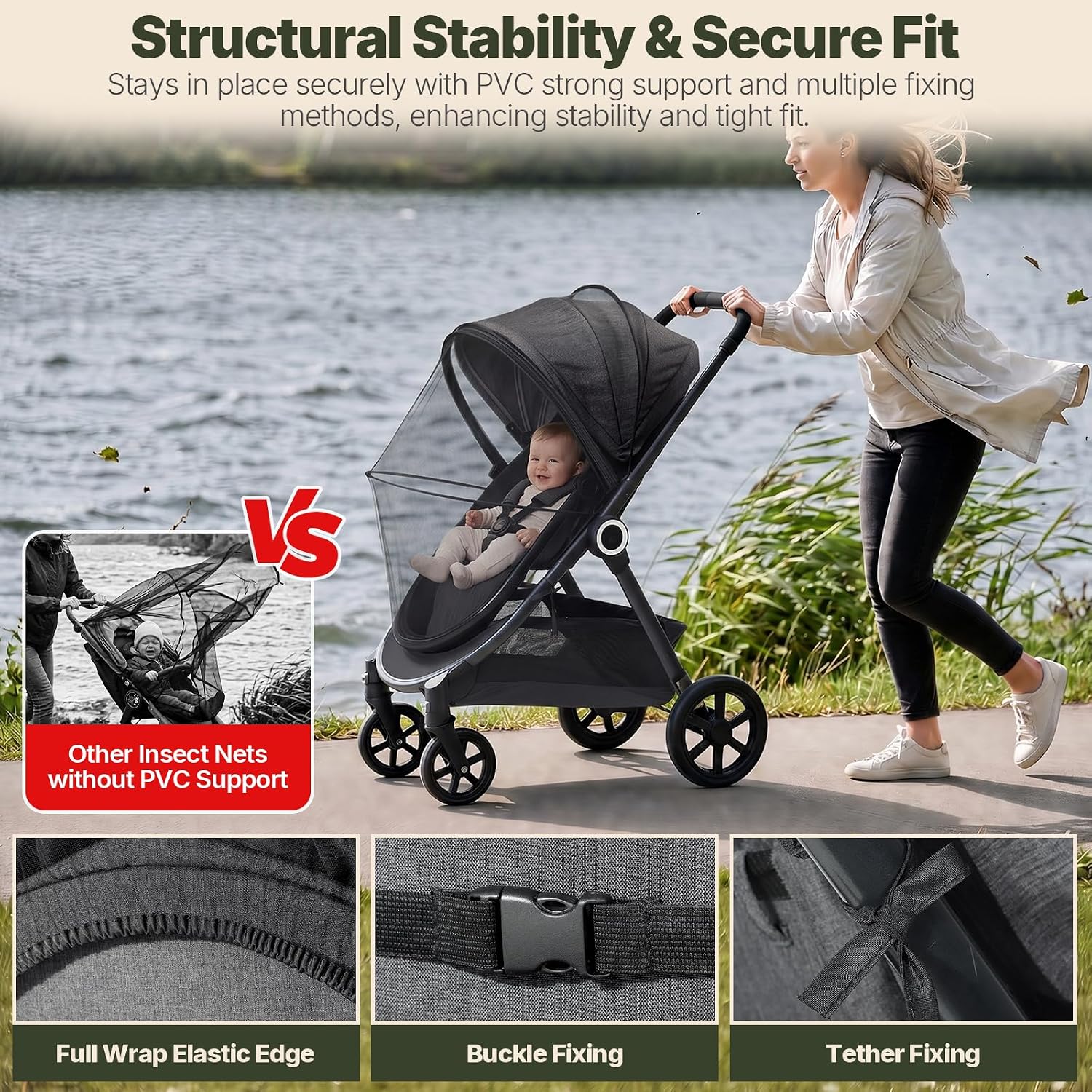 Detalle 2 de Orzbow Mosquito Net for Pram – Universal pram, buggy and car seat bug net with zippers (black)