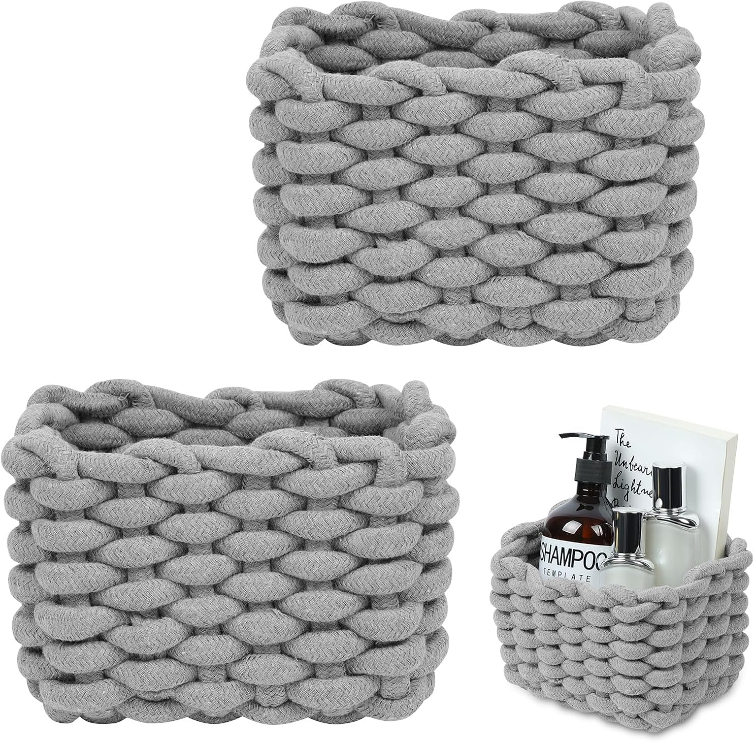 Detalle de Aolso Panier Rangement, 2 Panier en Corde de Coton Gris – Rangement Élégant pour Salle de Bain et Plus